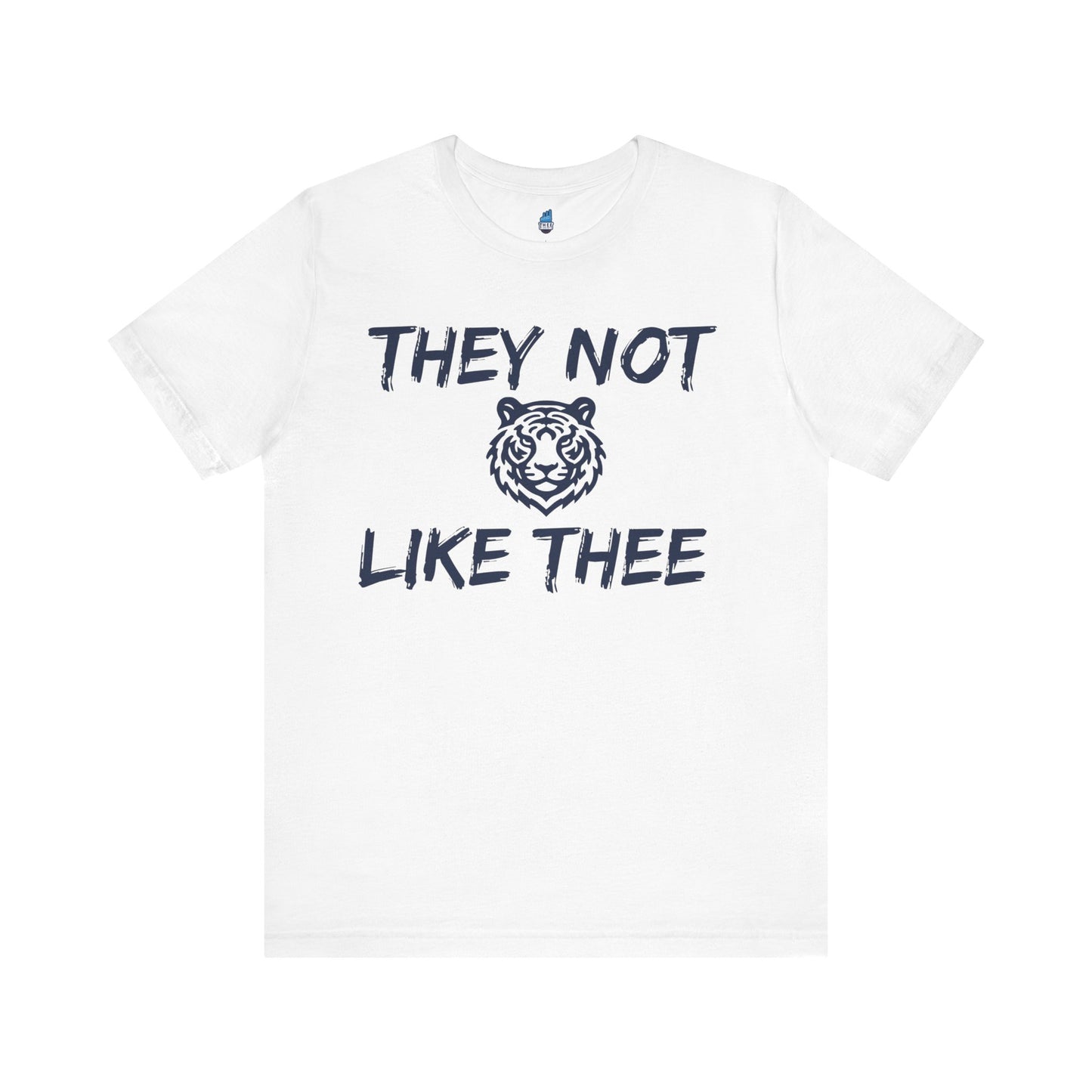 White t-shirt with black text and tiger graphic on a white background