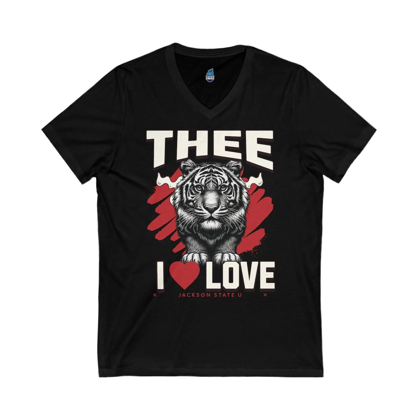 #TheeILove Jackson State U Tigerhead Men's Red Jersey Short Sleeve V-Neck Tee Printify