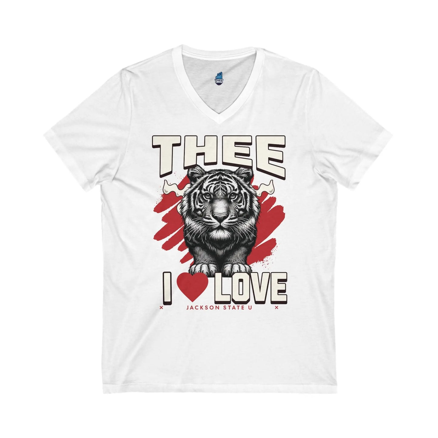 #TheeILove Jackson State U Tigerhead Men's Red Jersey Short Sleeve V-Neck Tee Printify