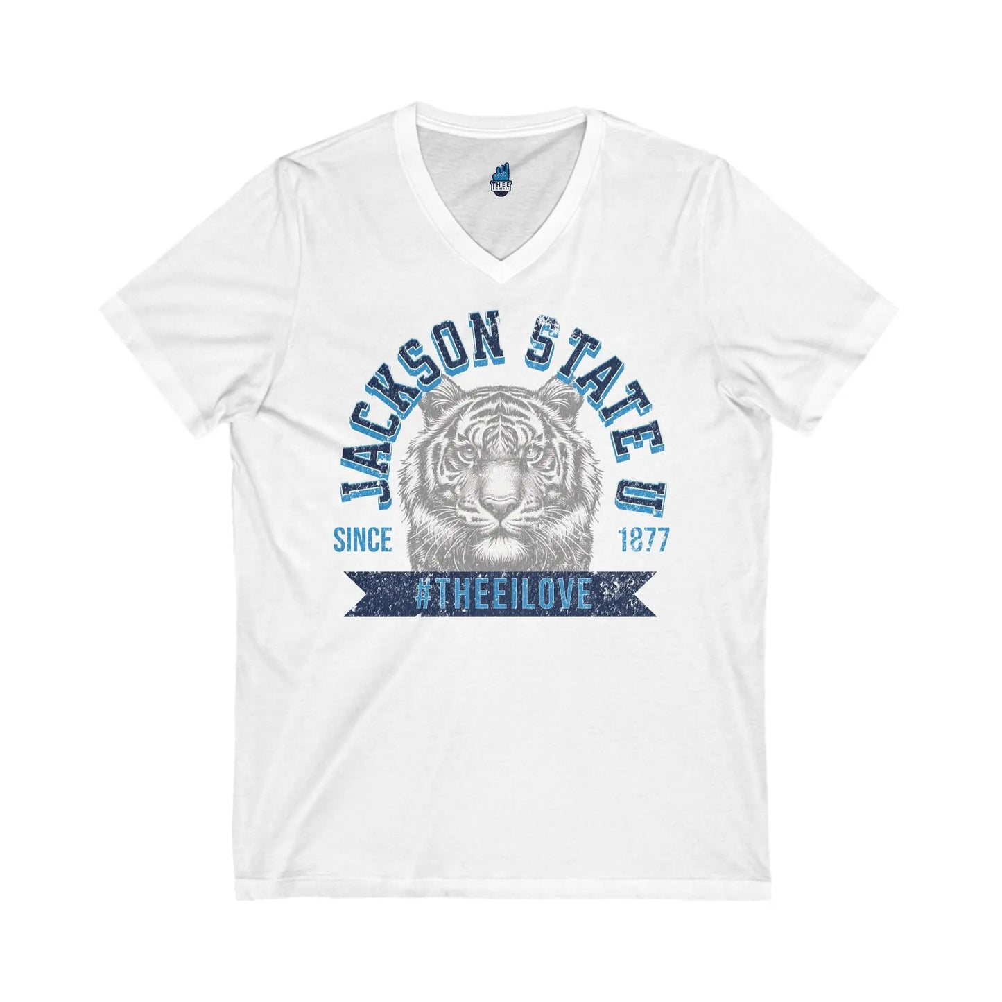 Jackson State Univ #TheeILove Men's Navy Jersey Short Sleeve V-Neck Tee Printify