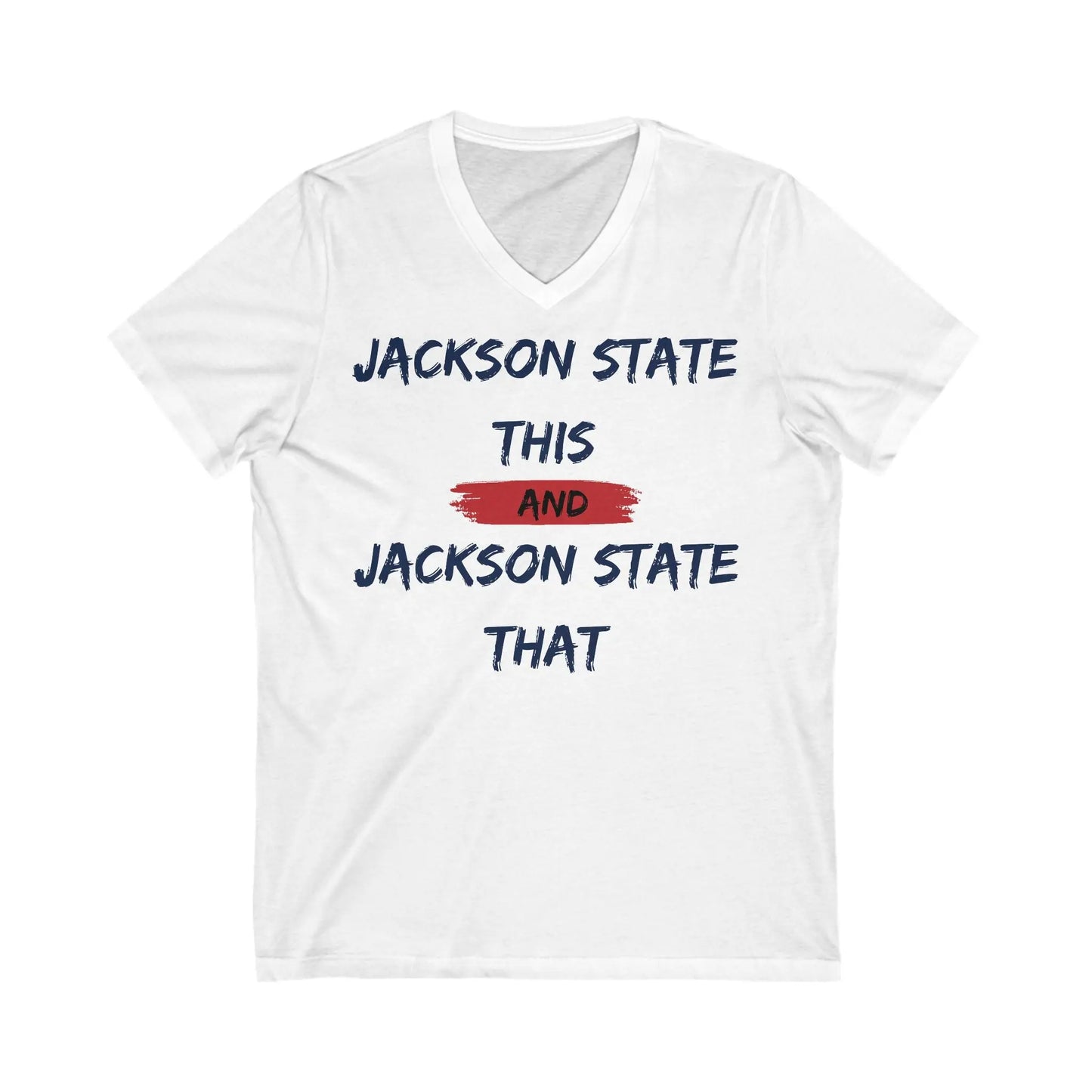 Jackson State This, Jackson State That Navy Red Block Men's Jersey Short Sleeve V-Neck Tee Printify