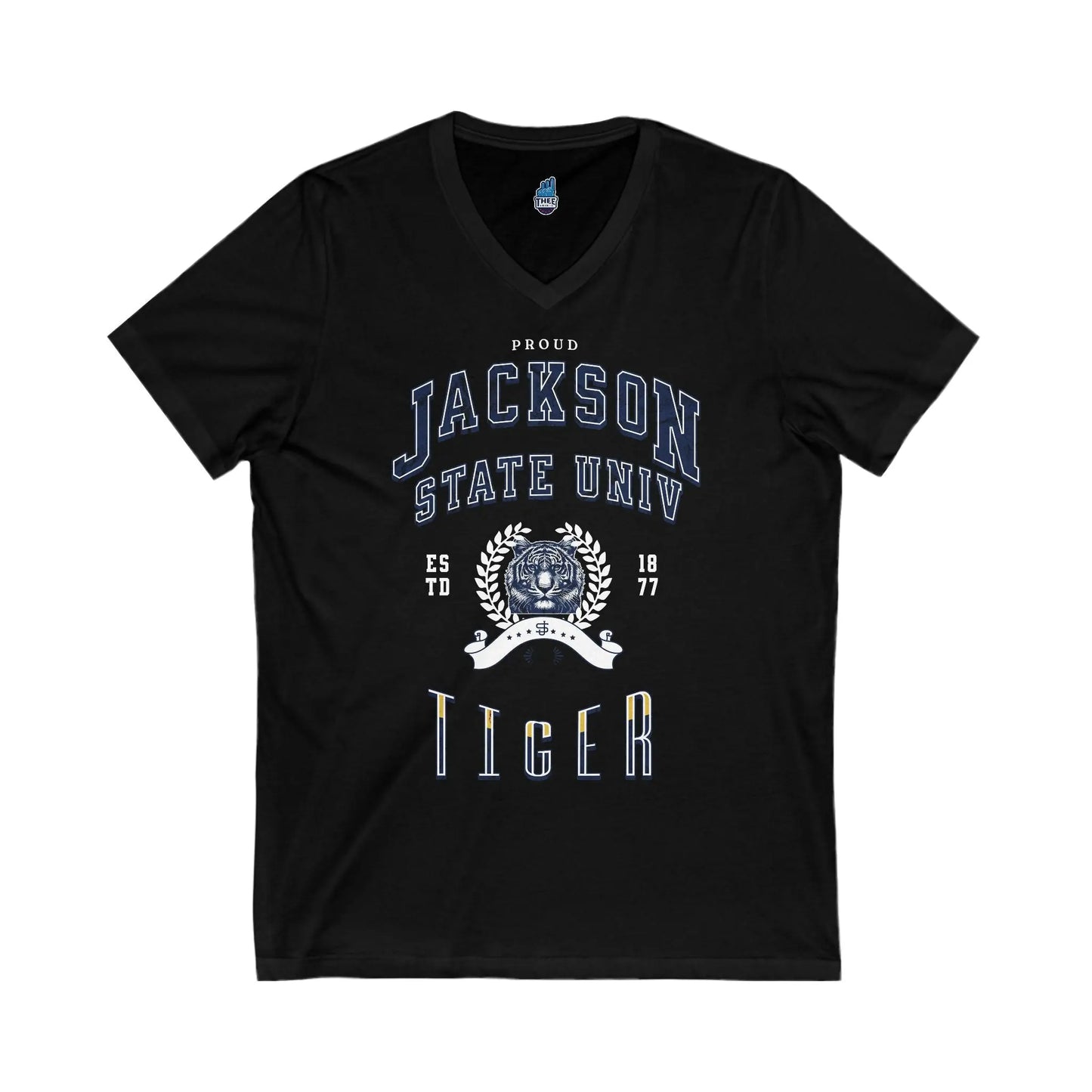Proud Jackson State Univ Tiger Men's White Jersey Short Sleeve V-Neck Tee Printify
