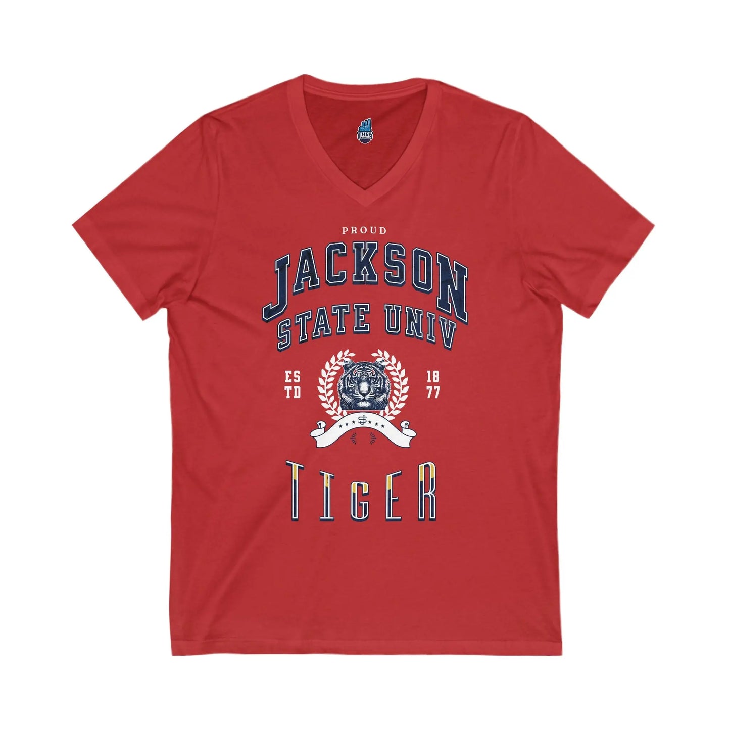 Proud Jackson State Univ Tiger Men's White Jersey Short Sleeve V-Neck Tee Printify