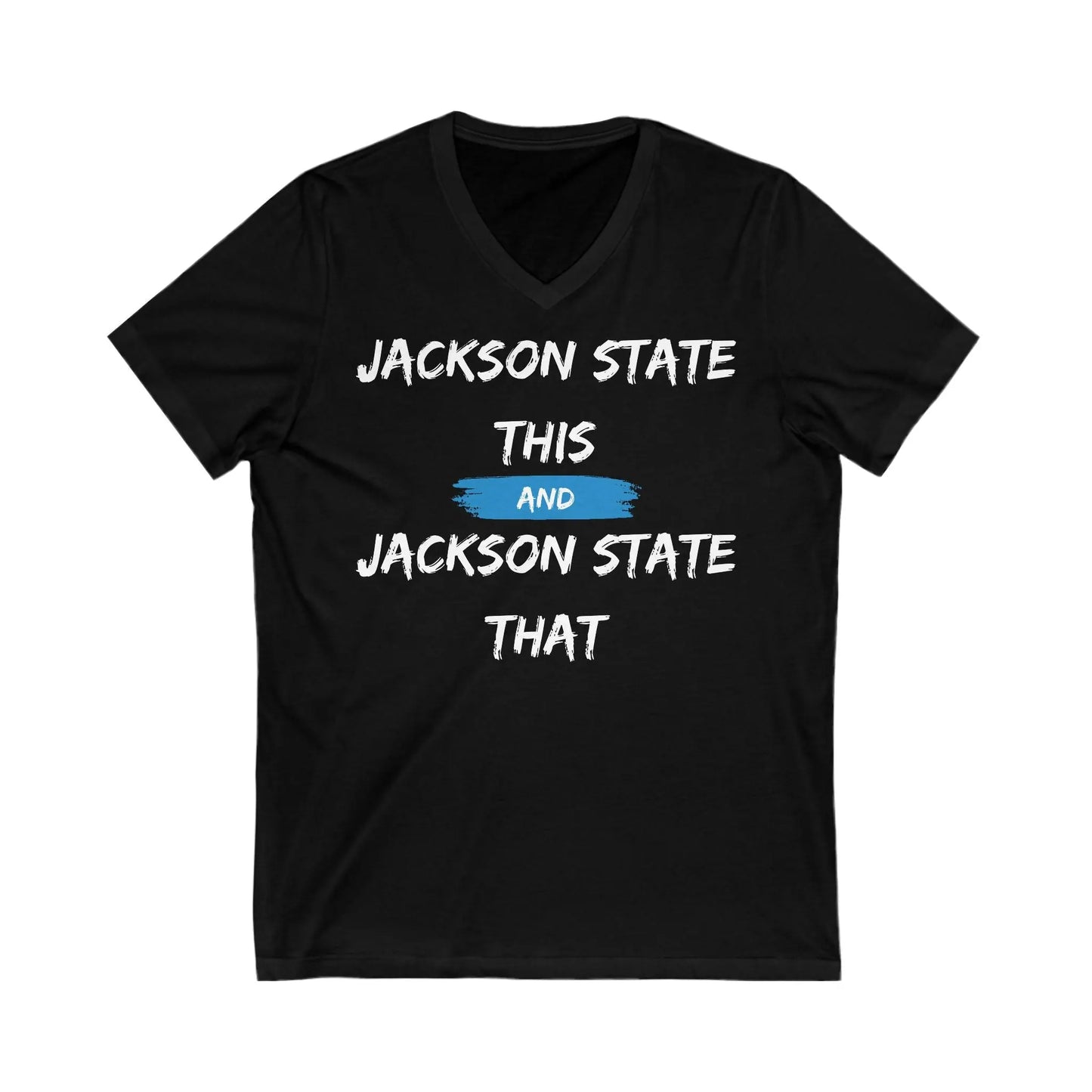 Jackson State This, Jackson State That White Baby Blue Block Men's Jersey Short Sleeve V-Neck Tee Printify