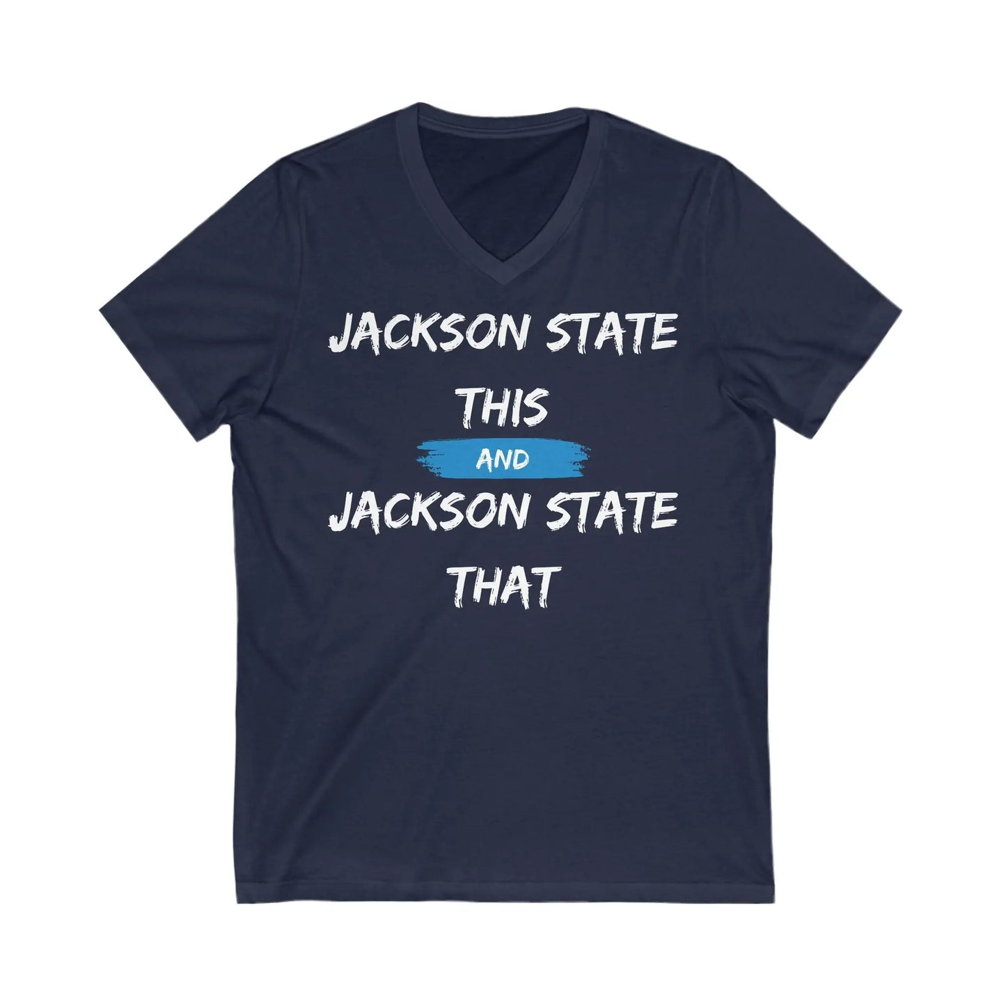 Jackson State This, Jackson State That White Baby Blue Block Men's Jersey Short Sleeve V-Neck Tee Printify