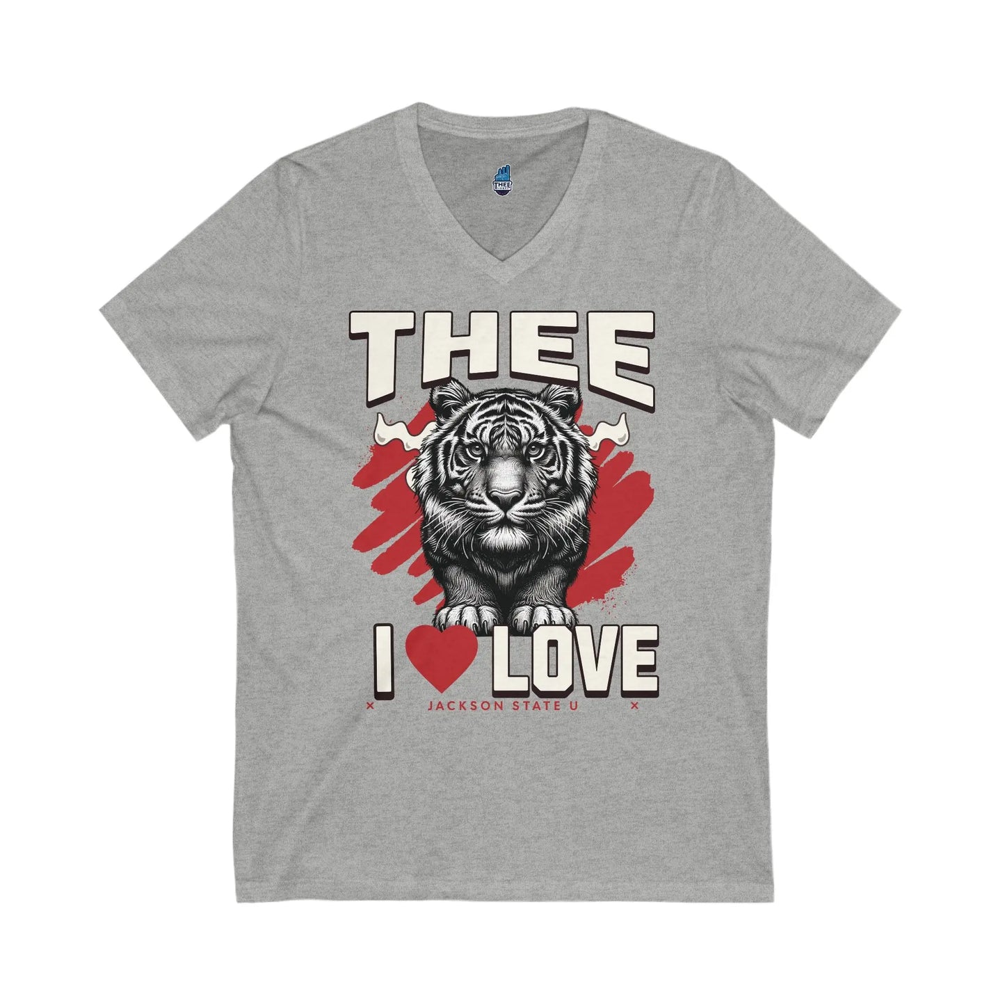 #TheeILove Jackson State U Tigerhead Men's Red Jersey Short Sleeve V-Neck Tee Printify
