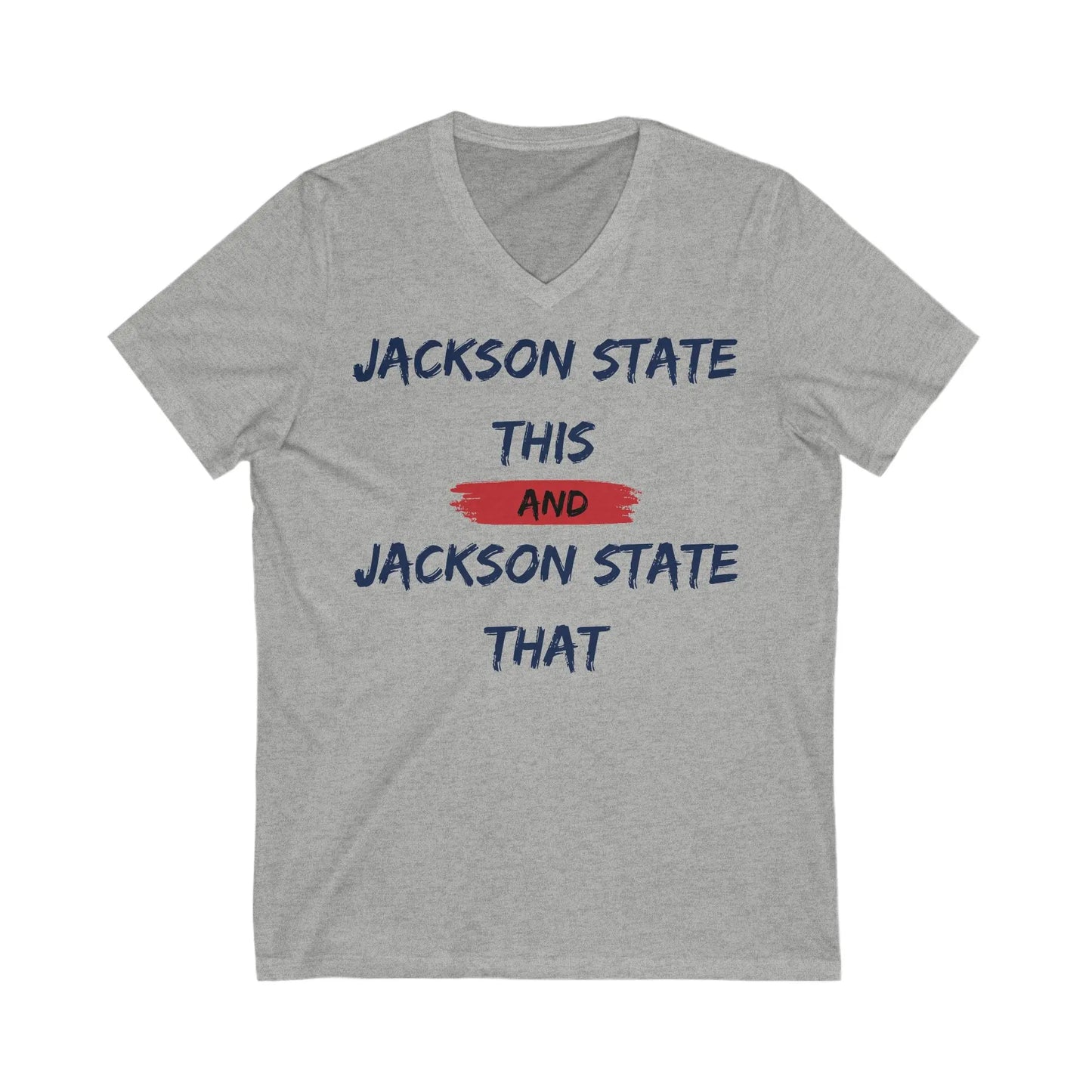 Jackson State This, Jackson State That Navy Red Block Men's Jersey Short Sleeve V-Neck Tee Printify