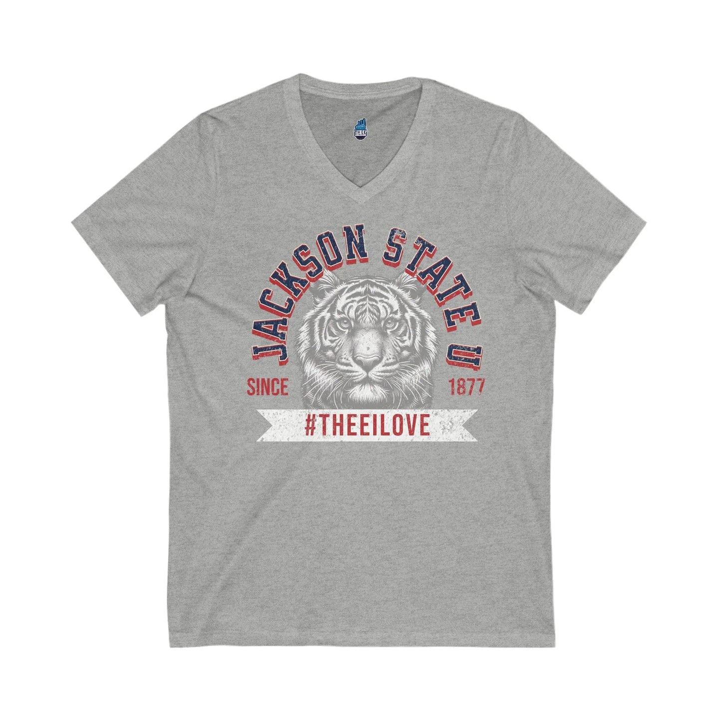 Jackson State Univ #TheeILove Men's White Jersey Short Sleeve V-Neck Tee Printify