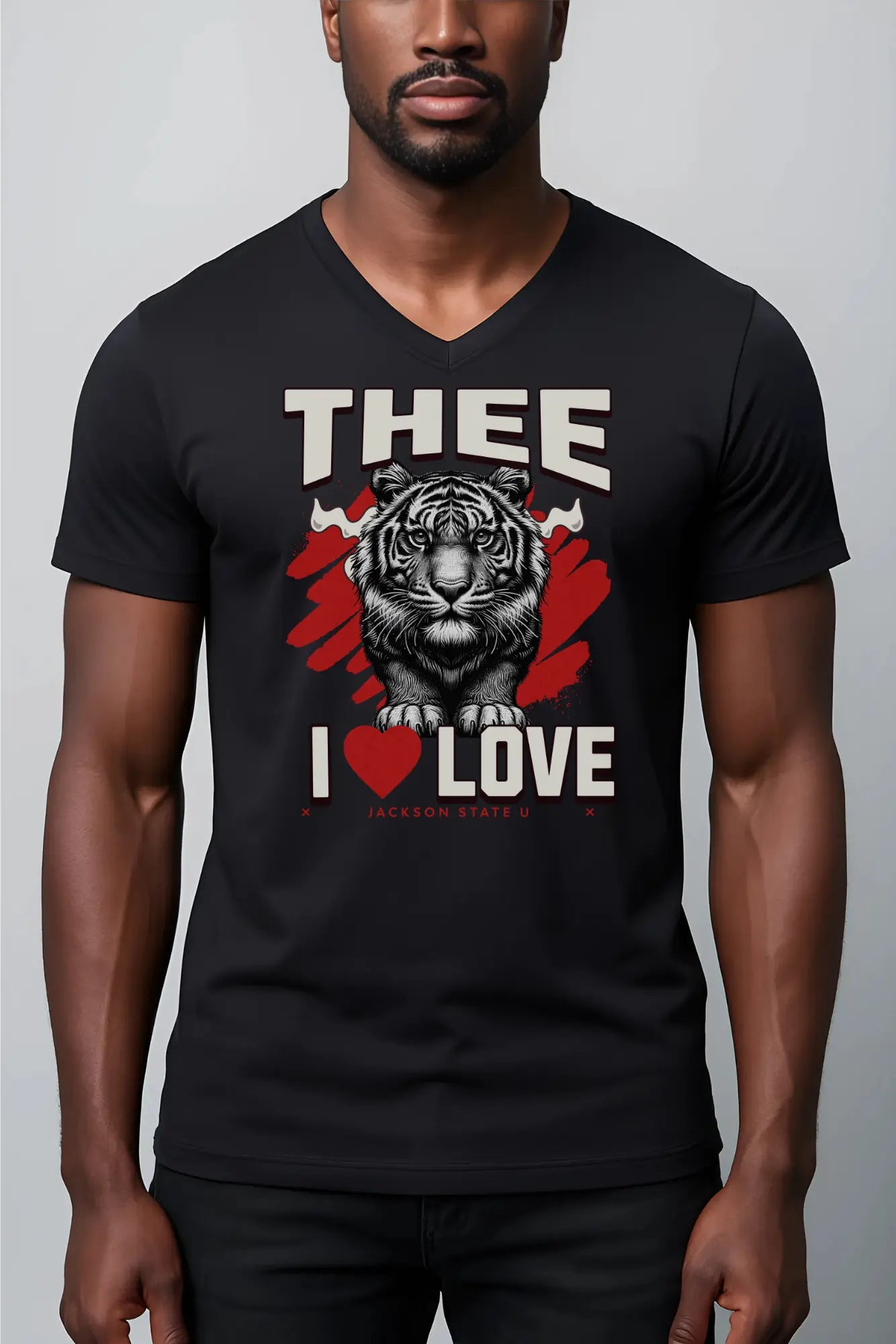 #TheeILove Jackson State U Tigerhead Men's Red Jersey Short Sleeve V-Neck Tee Printify
