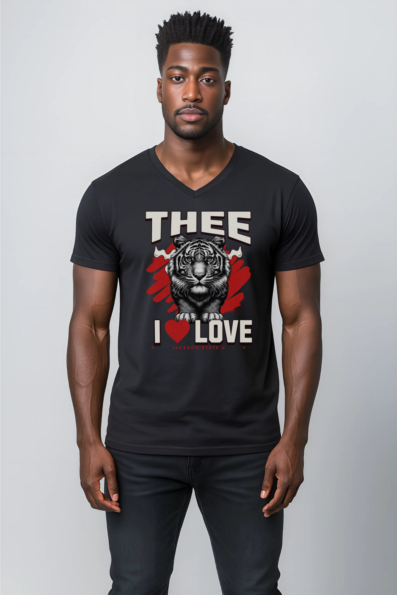 #TheeILove Jackson State U Tigerhead Men's Red Jersey Short Sleeve V-Neck Tee - Thee Shirts