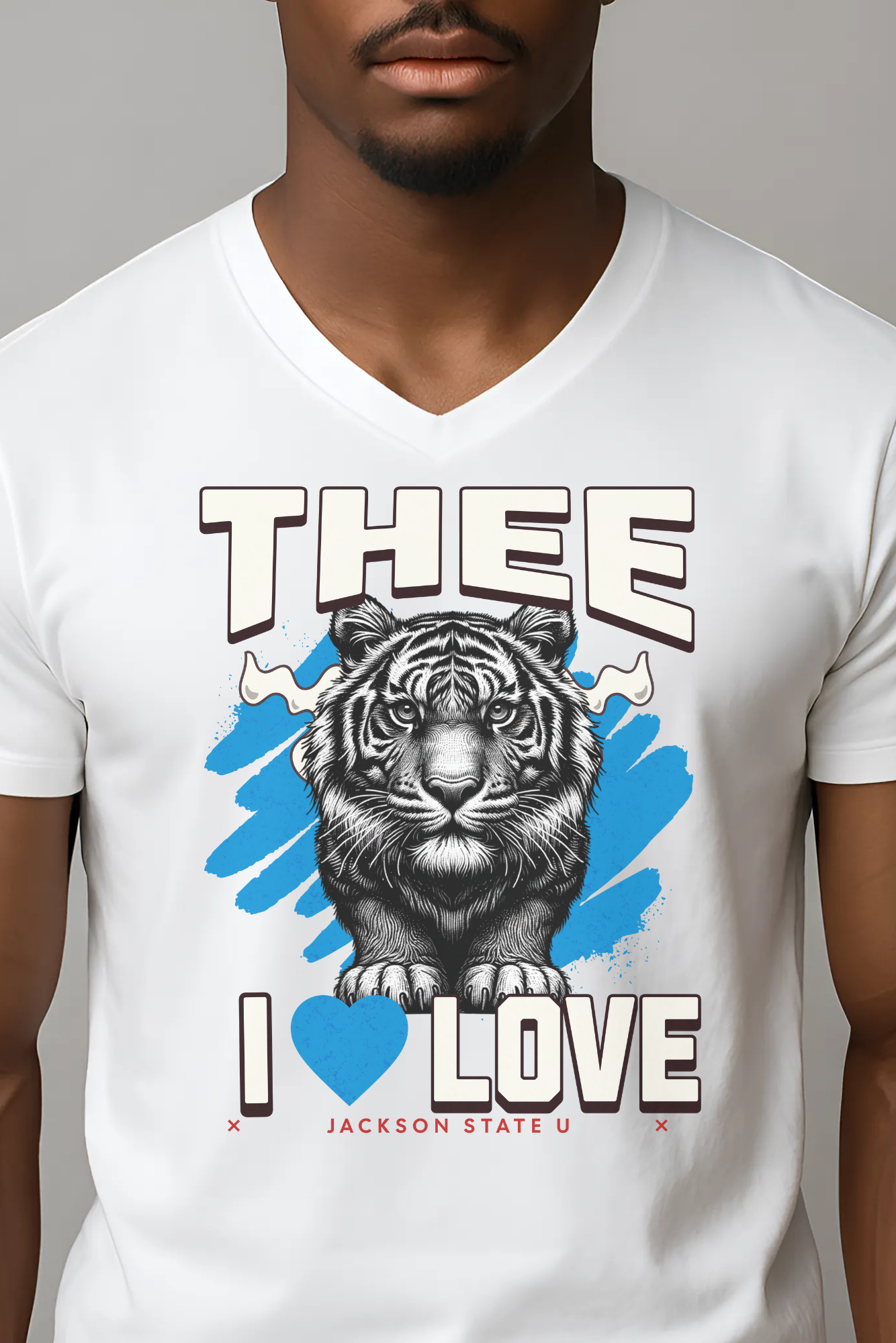 #TheeILove Jackson State U Tigerhead Men's Baby Blue Jersey Short Sleeve V-Neck Tee - Thee Shirts