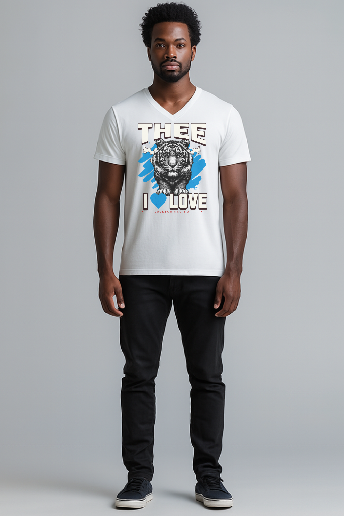#TheeILove Jackson State U Tigerhead Men's Baby Blue Jersey Short Sleeve V-Neck Tee - Thee Shirts
