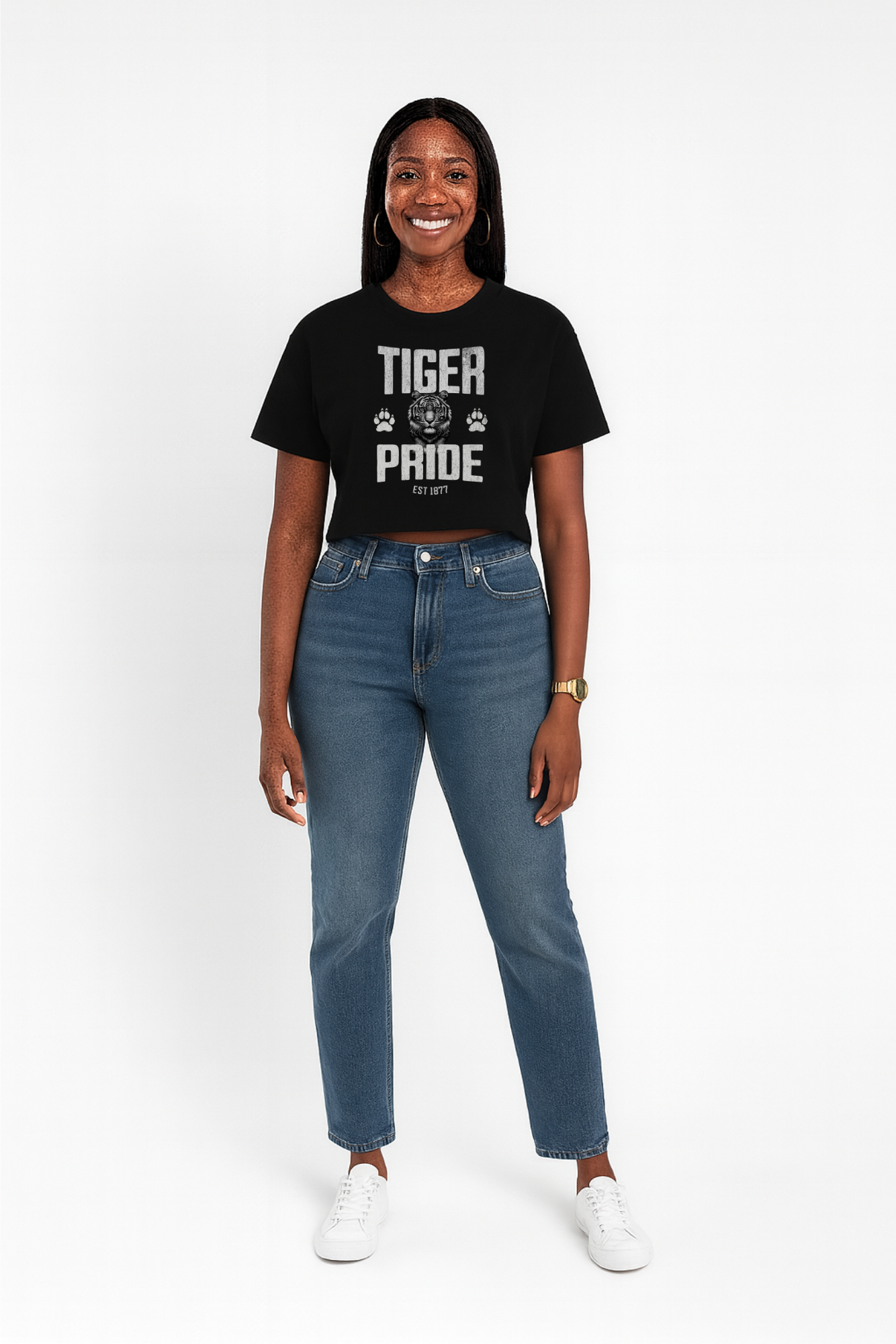Tiger Pride Tigerhead White Women's Flowy Cropped Tee Printify