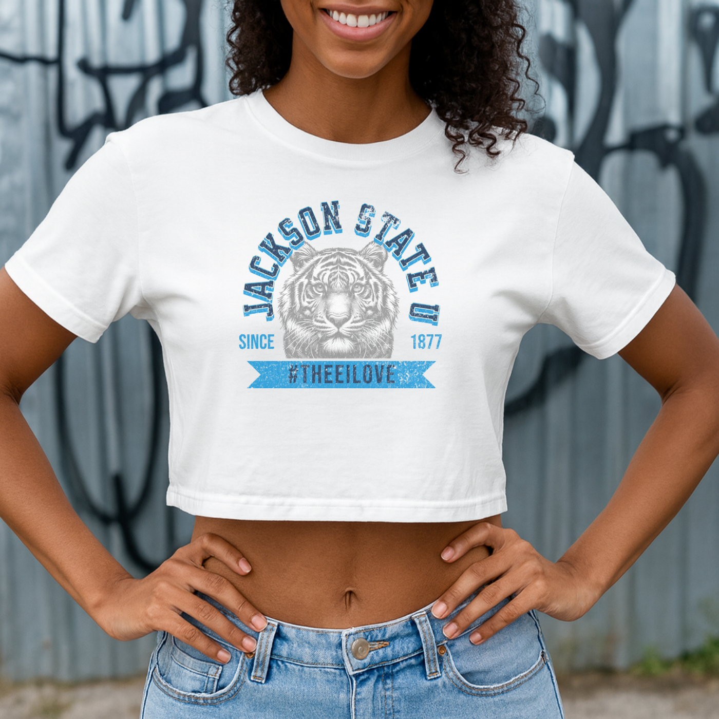 Jackson State Univ #TheeILove Women's Baby Blue Women's Flowy Cropped Tee Printify
