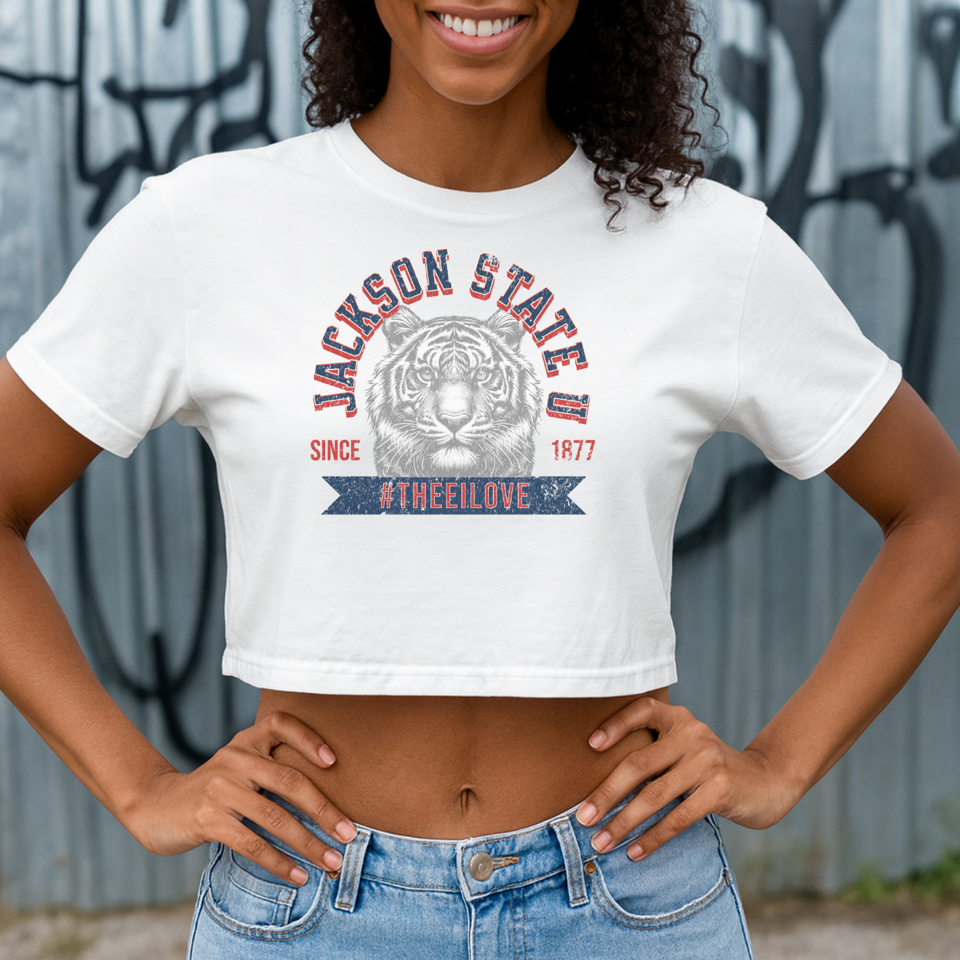 Jackson State Univ #TheeILove Women's Navy Women's Flowy Cropped Tee Printify