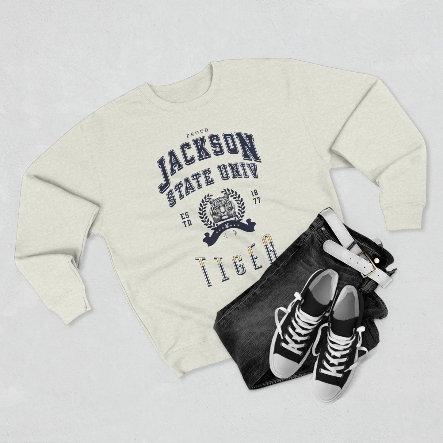 Proud Jackson State Univ Tiger Men's Navy Crewneck Sweatshirt Printify