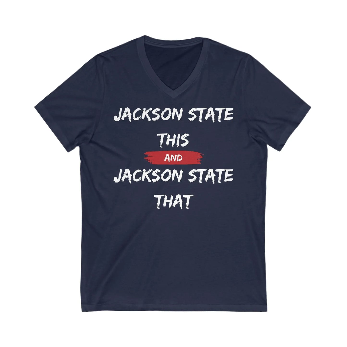 Jackson State This, Jackson State That White Red Block Men's Jersey Short Sleeve V-Neck Tee Printify