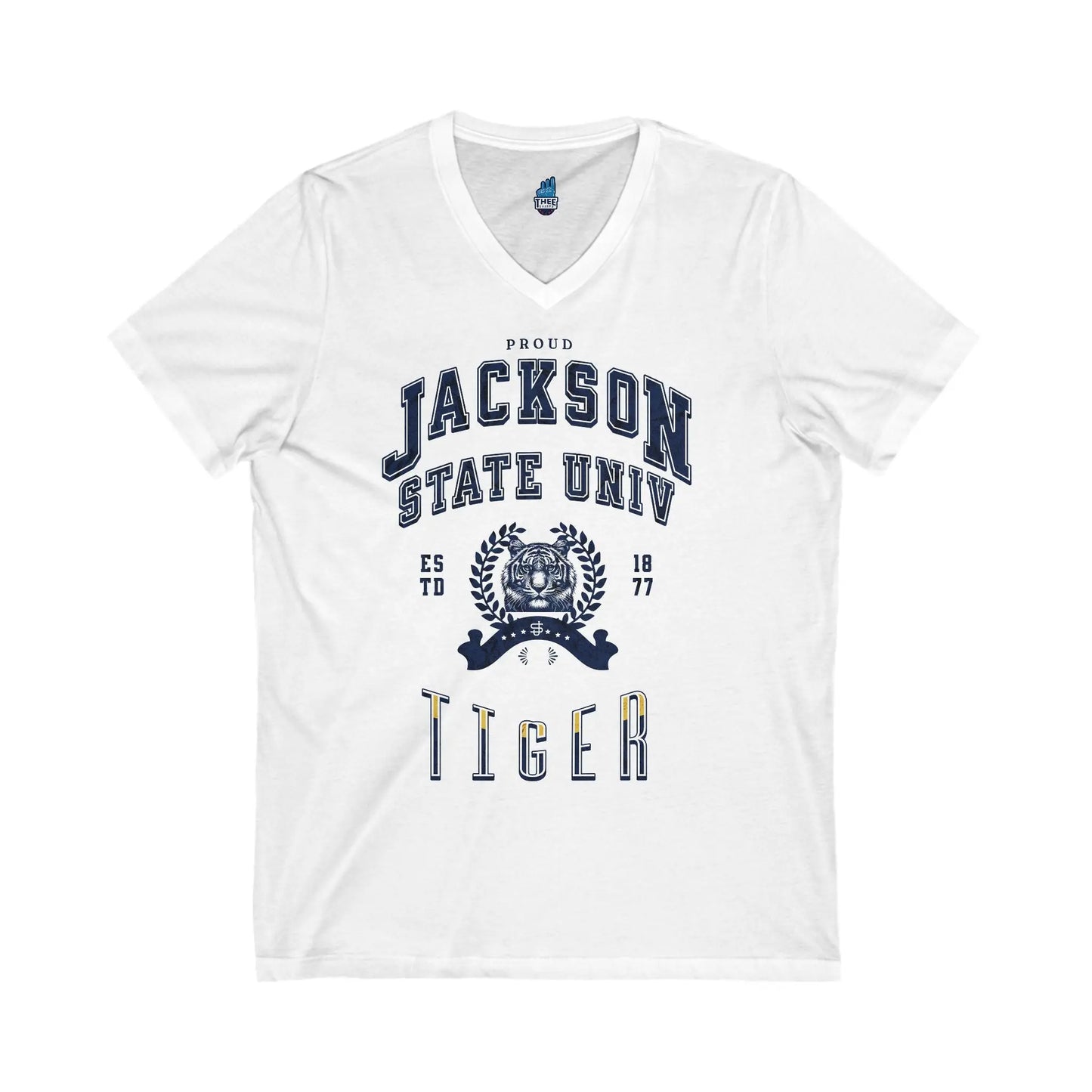 Proud Jackson State Univ Tiger Men's Navy Jersey Short Sleeve V-Neck Tee Printify