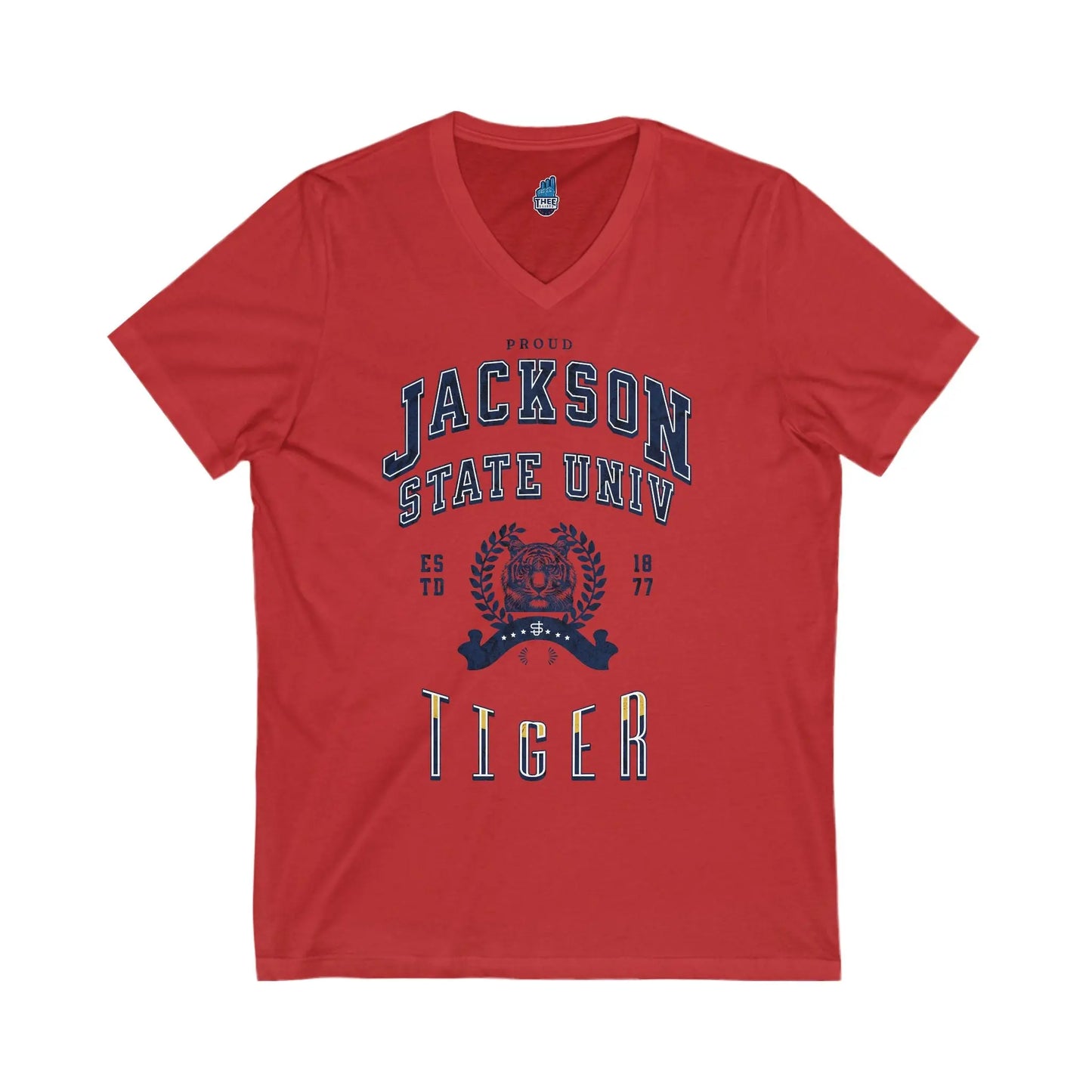 Proud Jackson State Univ Tiger Men's Navy Jersey Short Sleeve V-Neck Tee Printify
