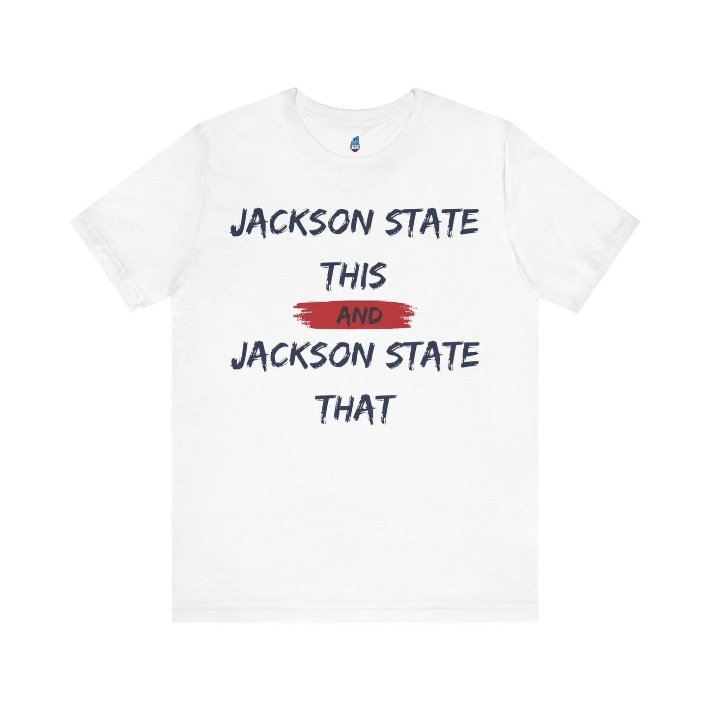 Jackson State This, Jackson State That Navy Red Block Men's Jersey Short Sleeve Tee Printify