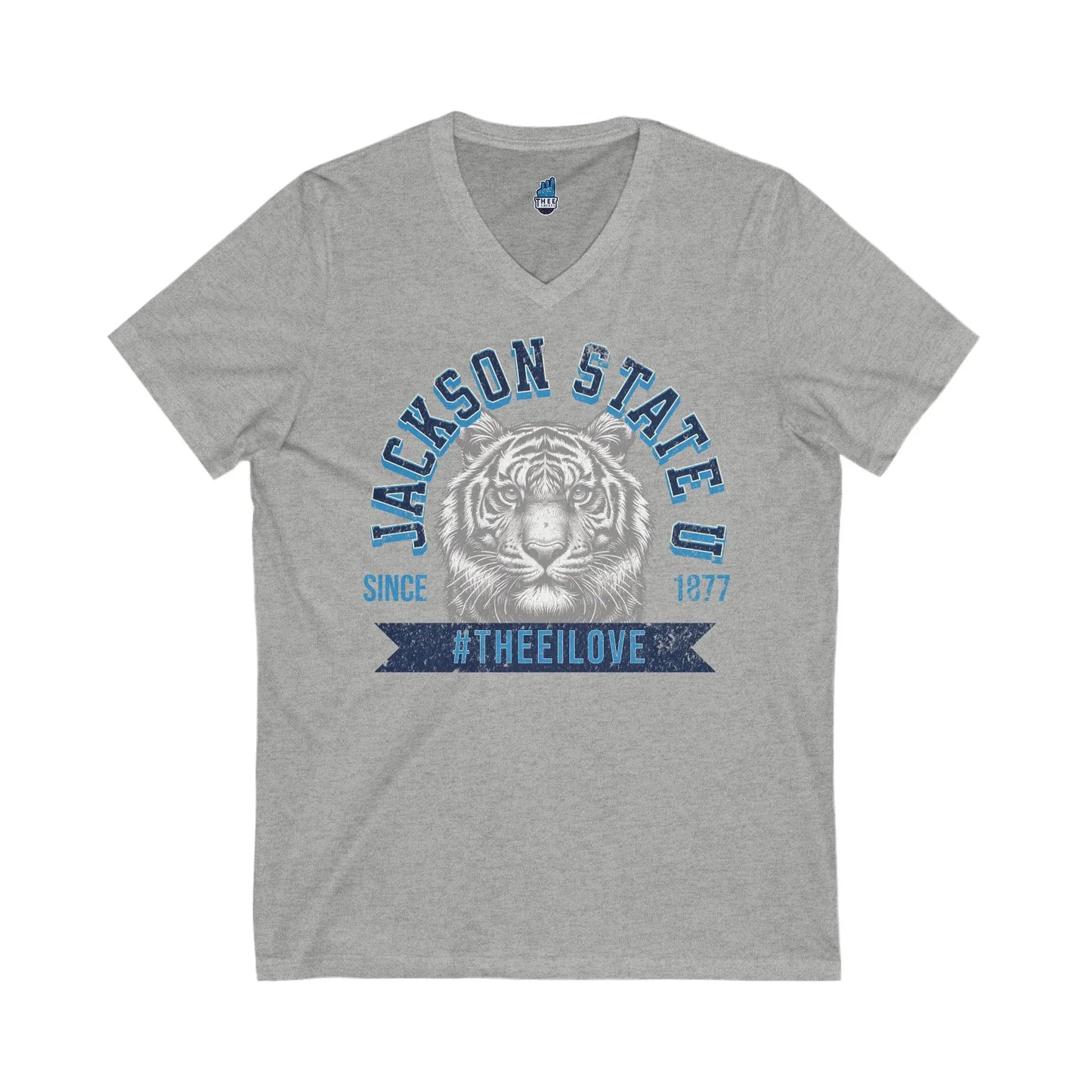 Jackson State Univ #TheeILove Men's Navy Jersey Short Sleeve V-Neck Tee Printify