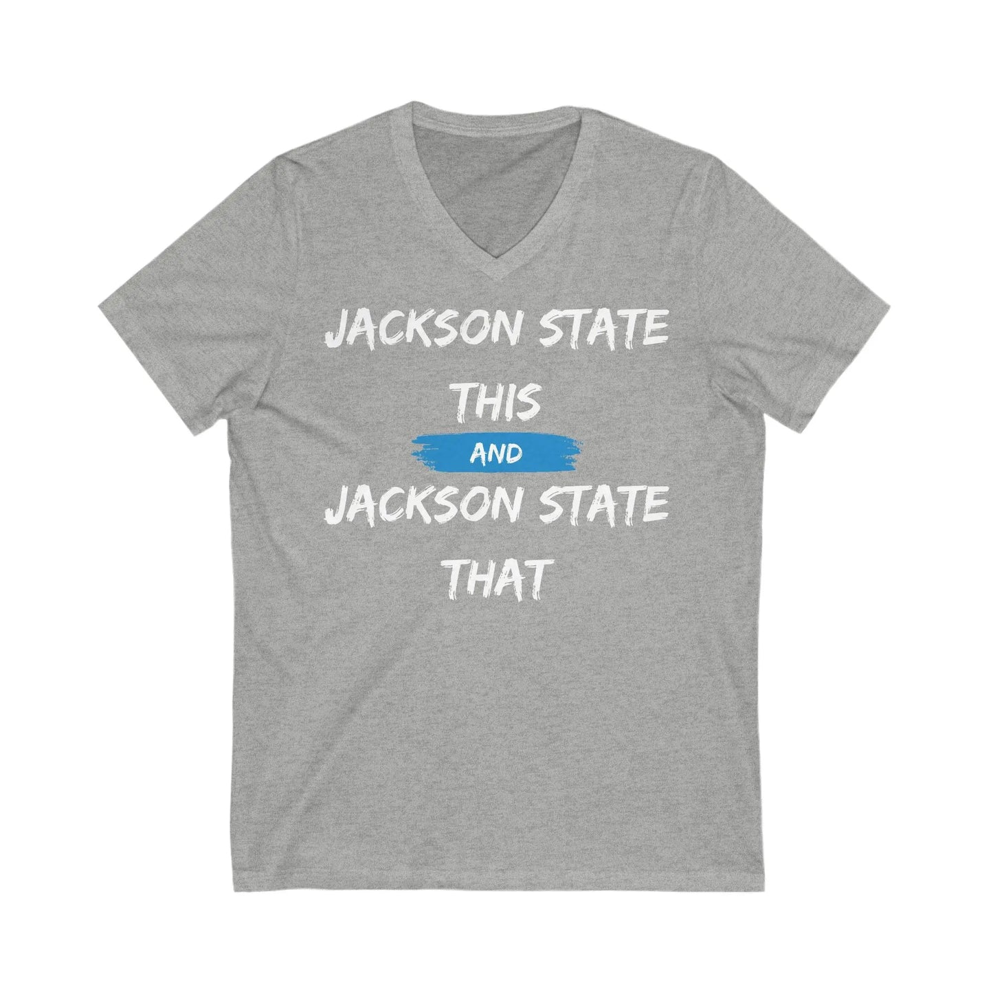 Jackson State This, Jackson State That White Baby Blue Block Men's Jersey Short Sleeve V-Neck Tee Printify