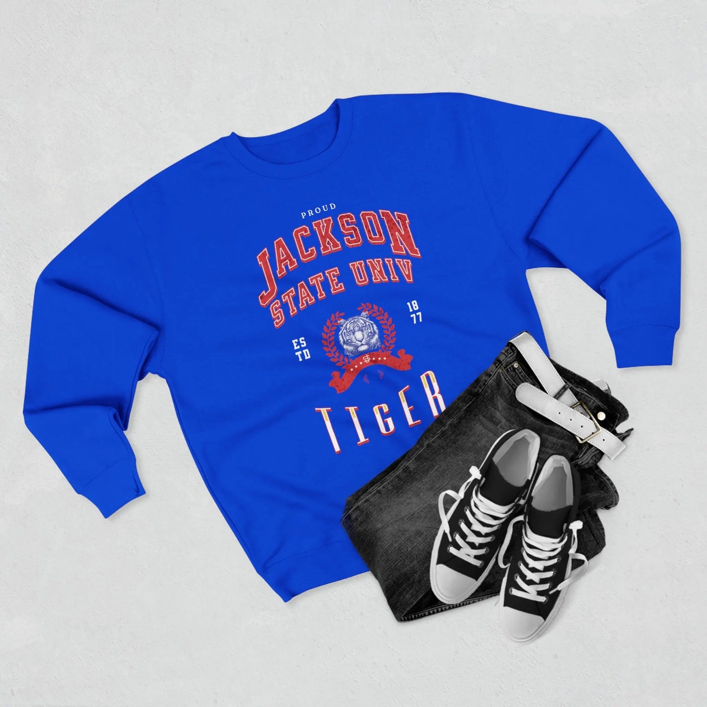 Proud Jackson State Univ Tiger Men's Red Crewneck Sweatshirt Printify