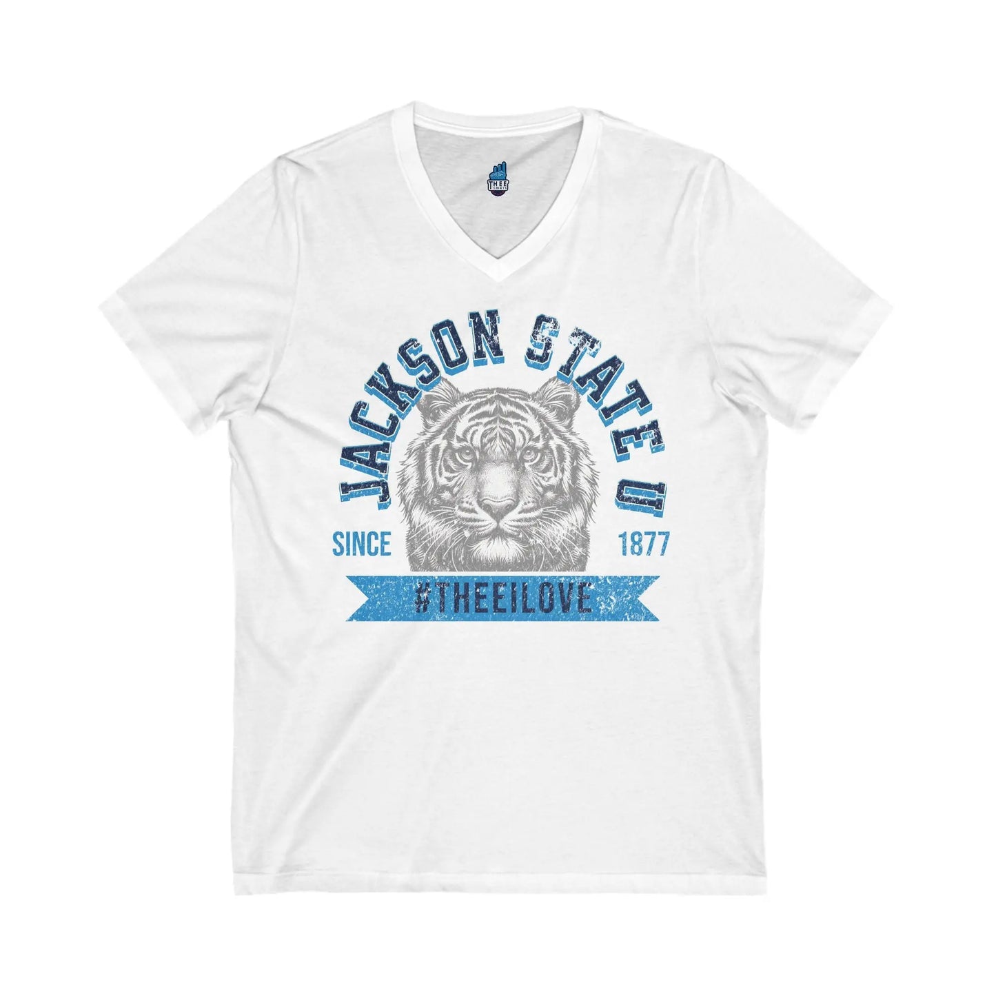 Jackson State Univ #TheeILove Men's Baby Blue Jersey Short Sleeve V-Neck Tee Printify