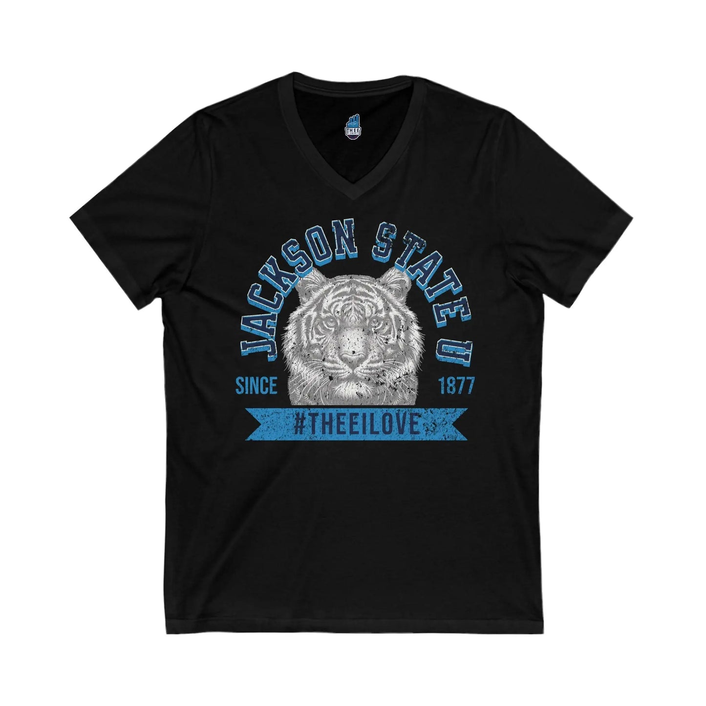 Jackson State Univ #TheeILove Men's Baby Blue Jersey Short Sleeve V-Neck Tee Printify