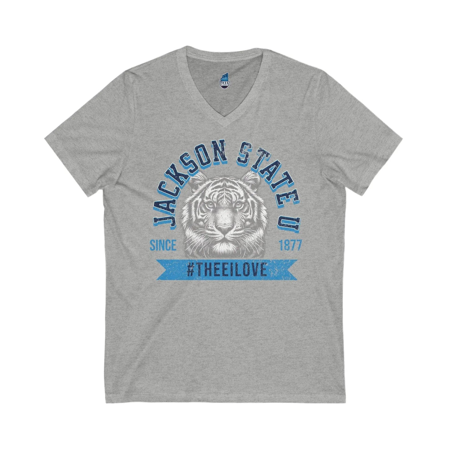 Jackson State Univ #TheeILove Men's Baby Blue Jersey Short Sleeve V-Neck Tee Printify