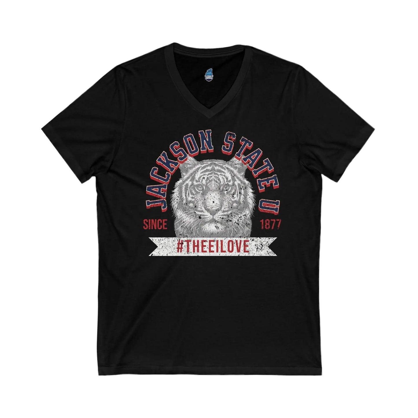 Jackson State Univ #TheeILove Men's White Jersey Short Sleeve V-Neck Tee Printify