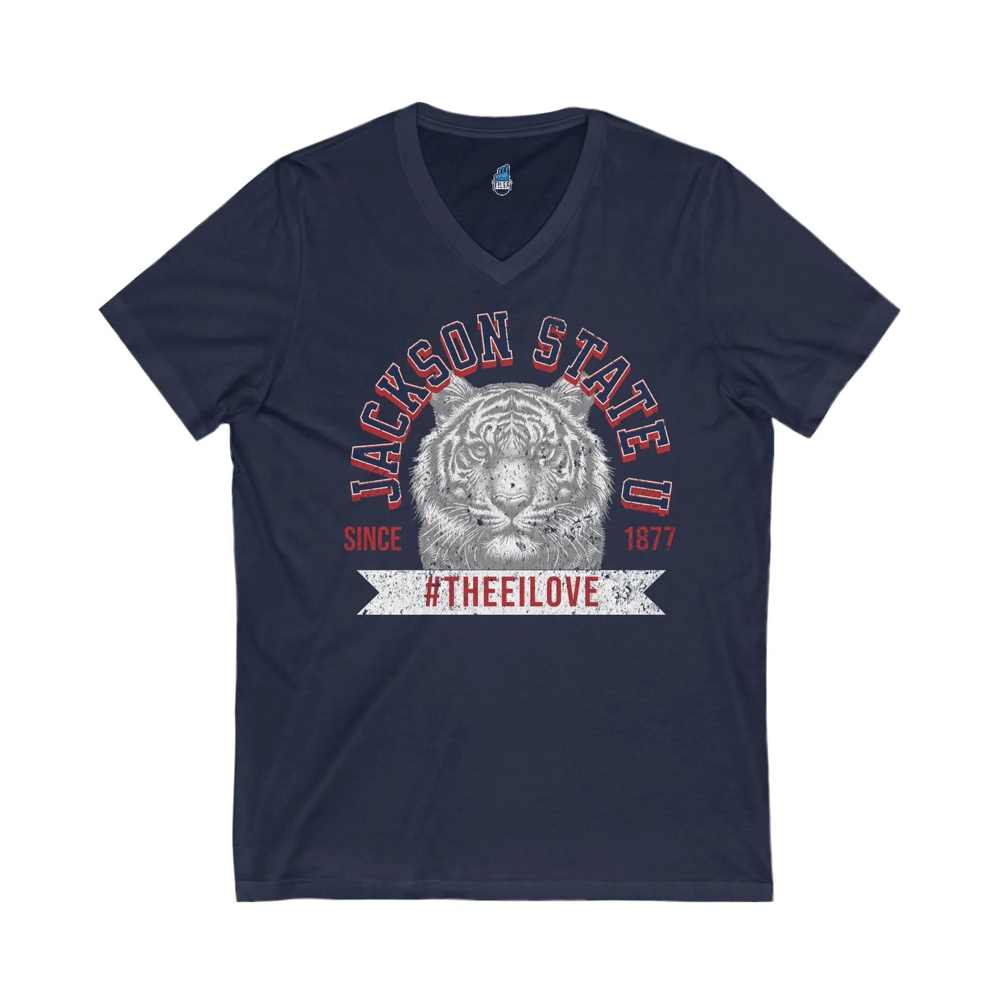 Jackson State Univ #TheeILove Men's White Jersey Short Sleeve V-Neck Tee Printify