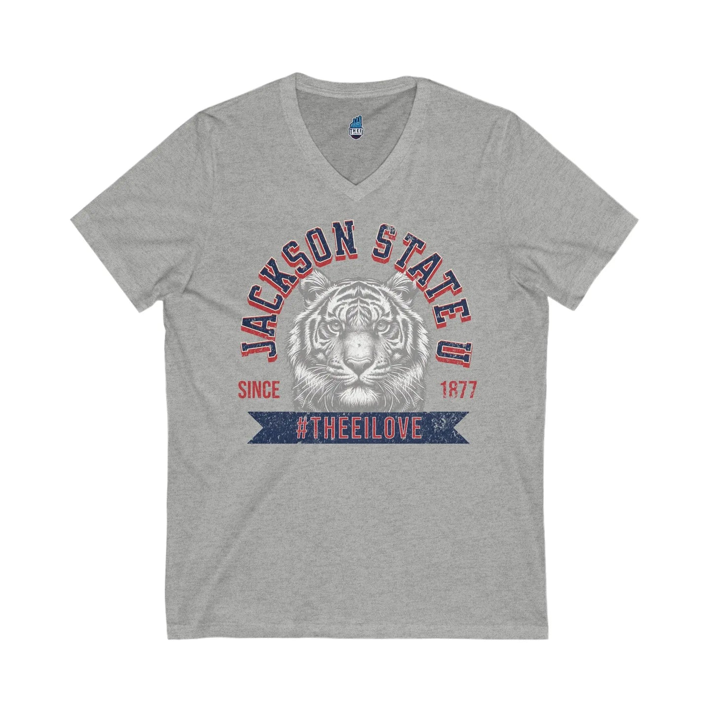 Jackson State Univ #TheeILove Men's Red Jersey Short Sleeve V-Neck Tee Printify