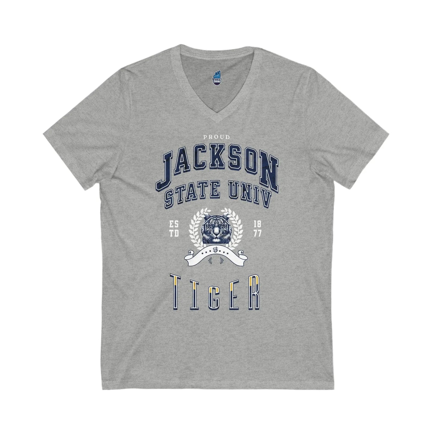 Proud Jackson State Univ Tiger Men's White Jersey Short Sleeve V-Neck Tee Printify