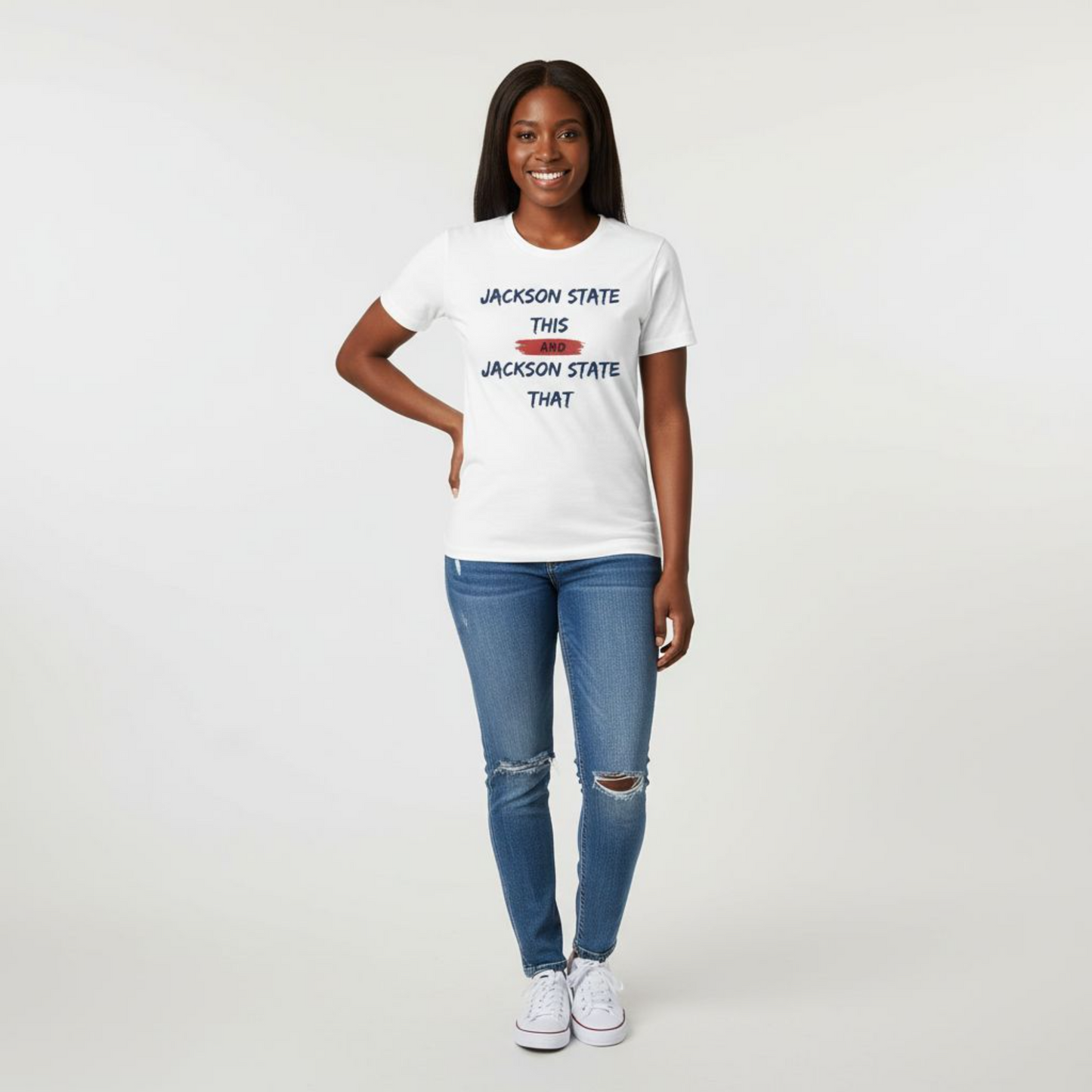 Jackson State This Jackson State That Red Navy Block Women's Favorite Tee Printify