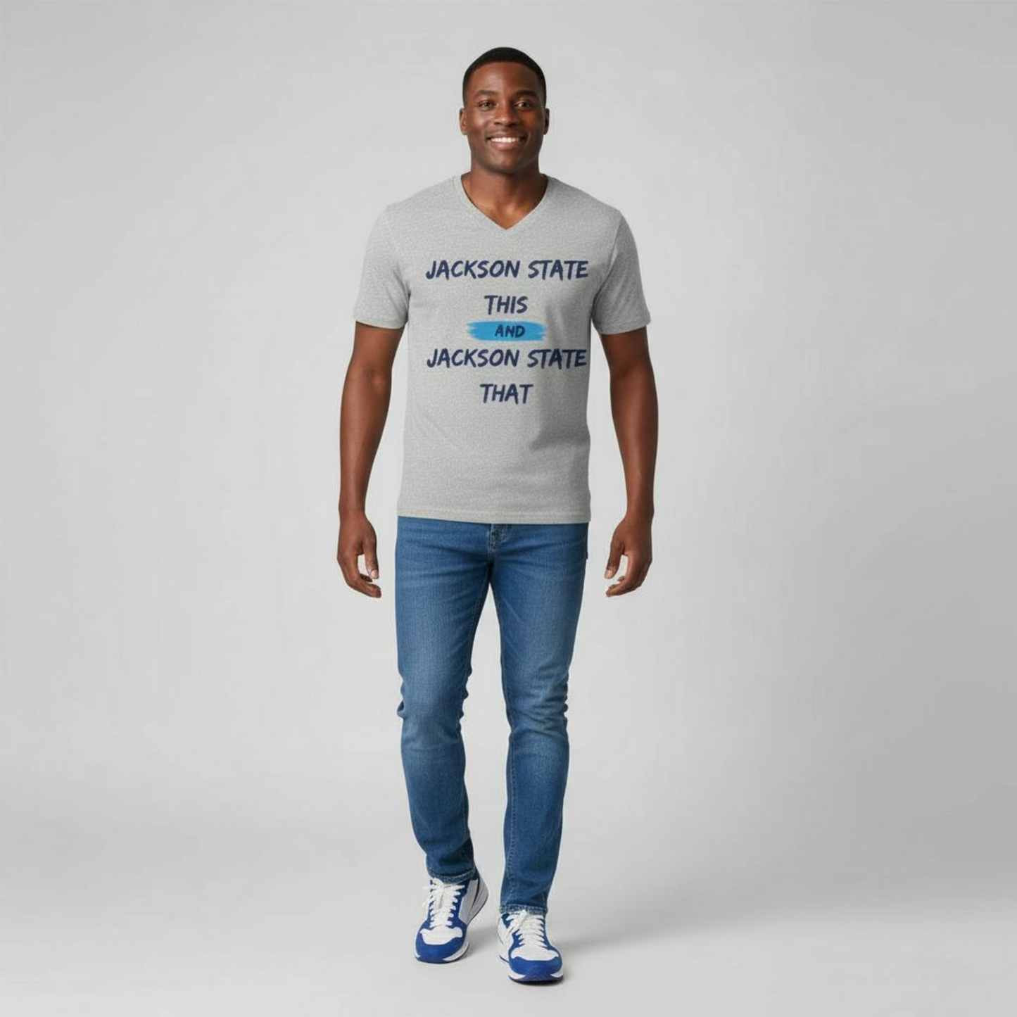 Jackson State This, Jackson State That Navy Baby Blue Block Men's Jersey Short Sleeve V-Neck Tee Printify