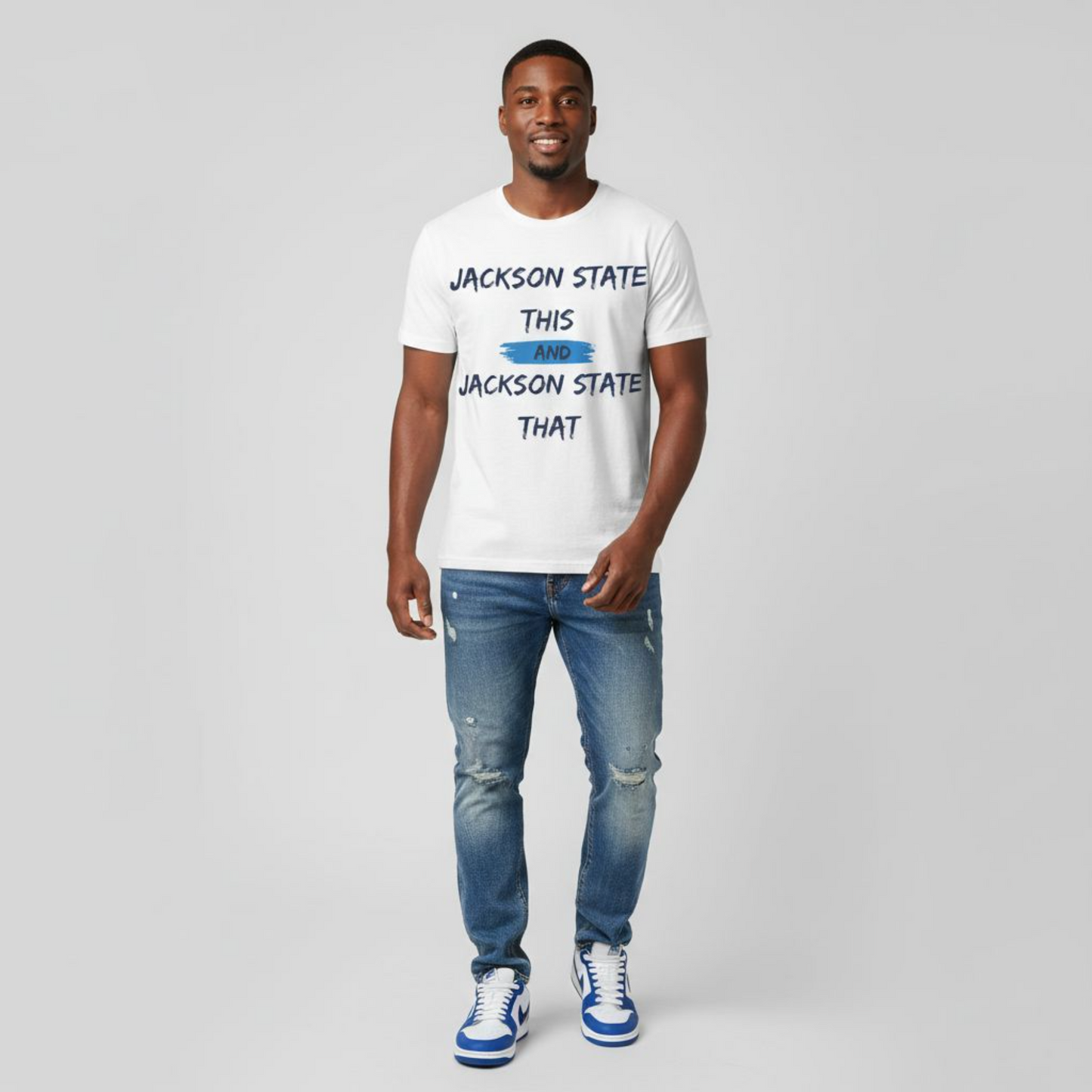 Jackson State This, Jackson State That Navy Baby Blue Block Men's Jersey Short Sleeve Tee Printify