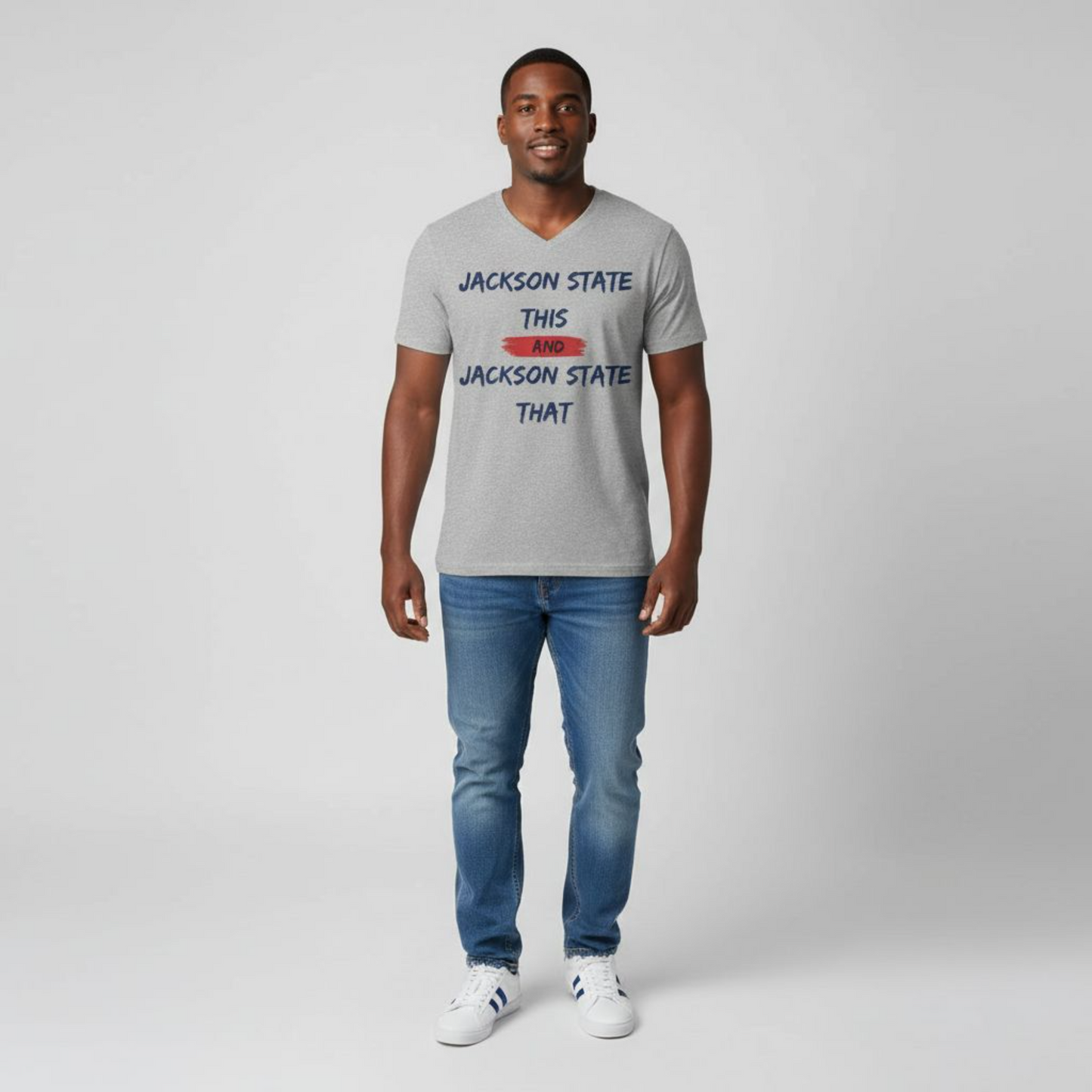 Jackson State This, Jackson State That Navy Red Block Men's Jersey Short Sleeve V-Neck Tee Printify