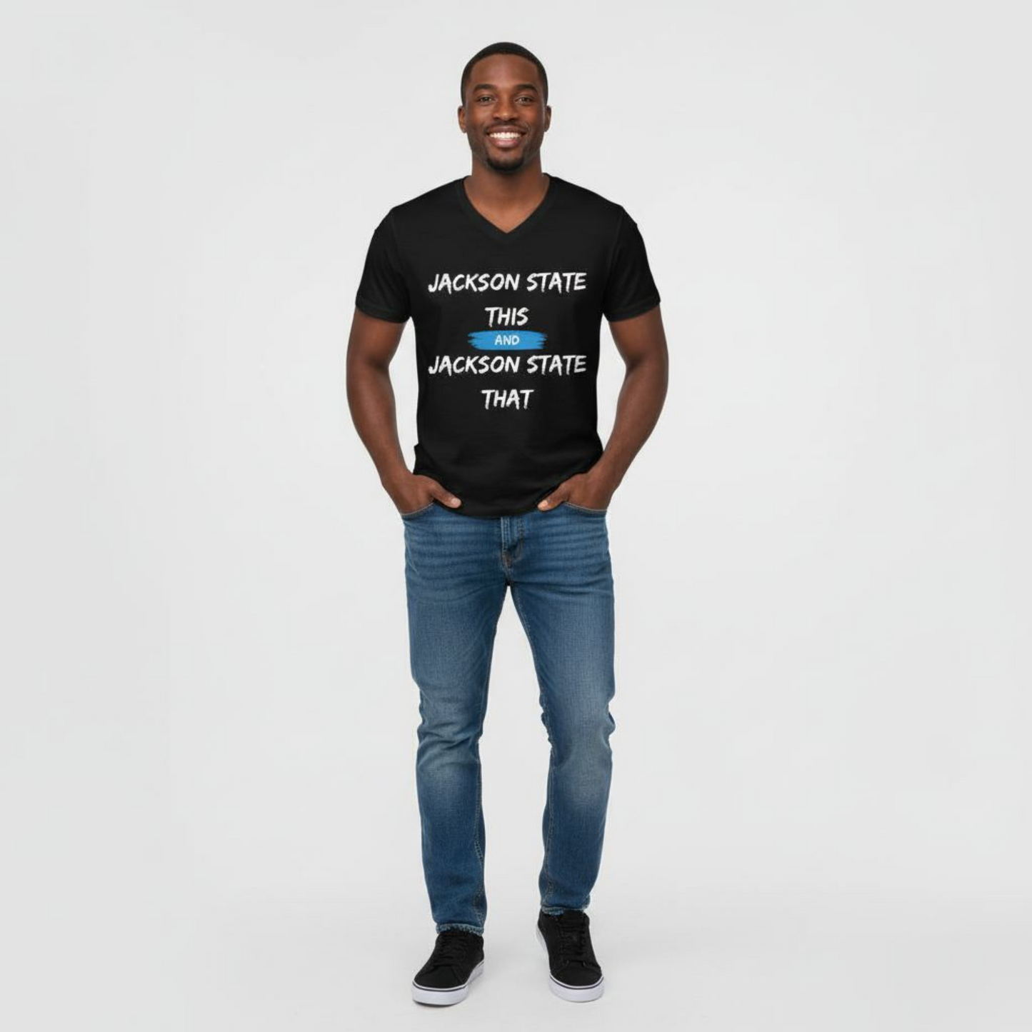 Jackson State This, Jackson State That White Baby Blue Block Men's Jersey Short Sleeve V-Neck Tee Printify