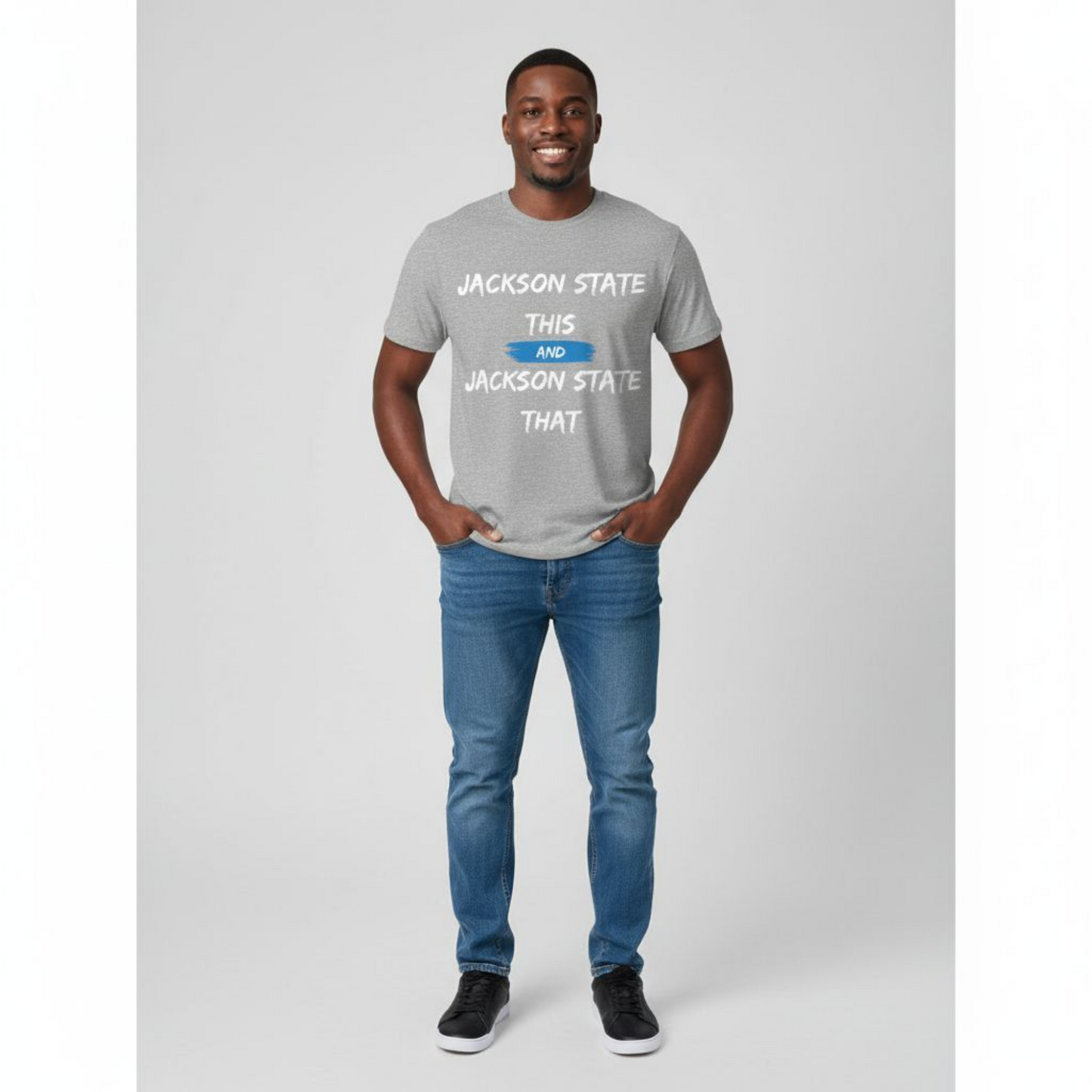 Jackson State This, Jackson State That White Baby Blue Block Men's Jersey Short Sleeve Tee Printify