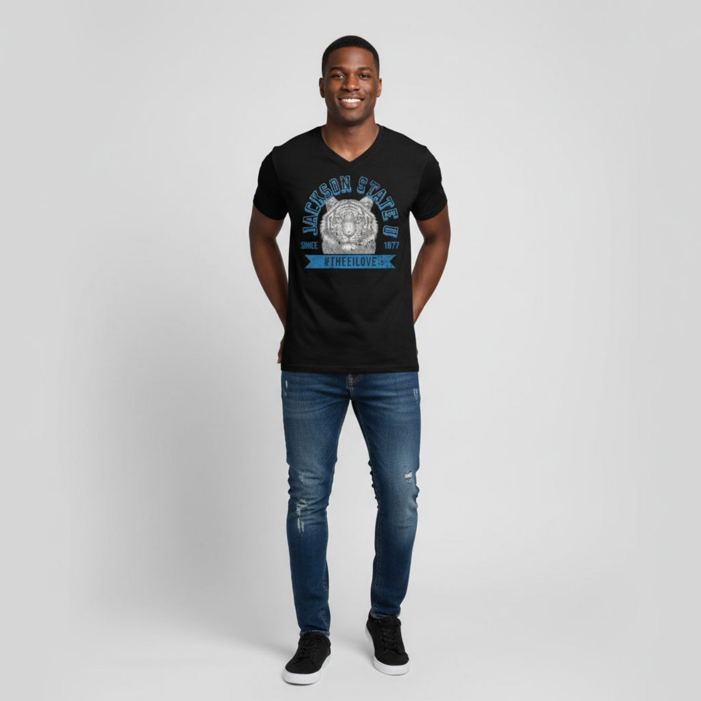 Jackson State Univ #TheeILove Men's Baby Blue Jersey Short Sleeve V-Neck Tee Printify