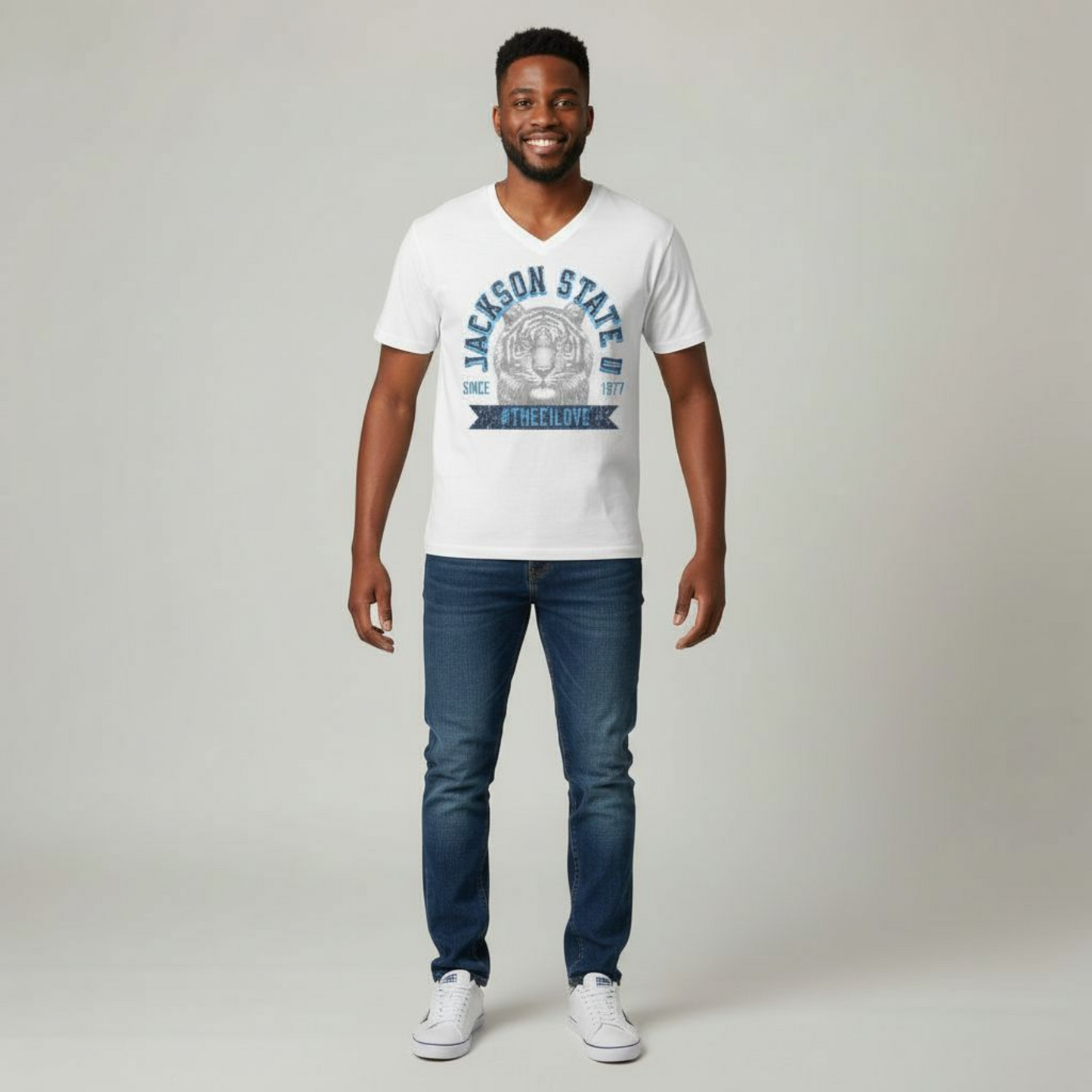 Jackson State Univ #TheeILove Men's Navy Jersey Short Sleeve V-Neck Tee Printify