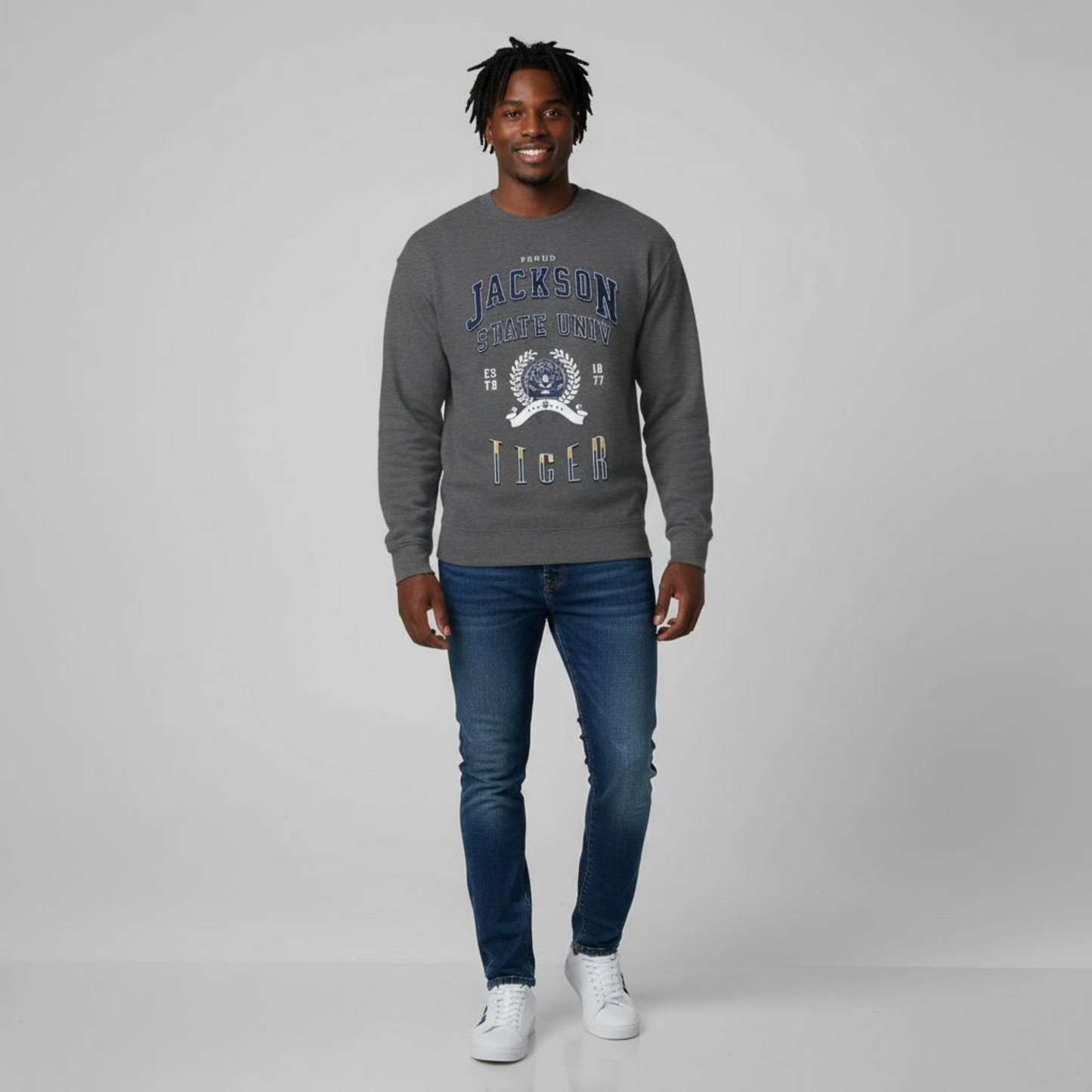 Proud Jackson State Univ Tiger Men's White Crewneck Sweatshirt Printify