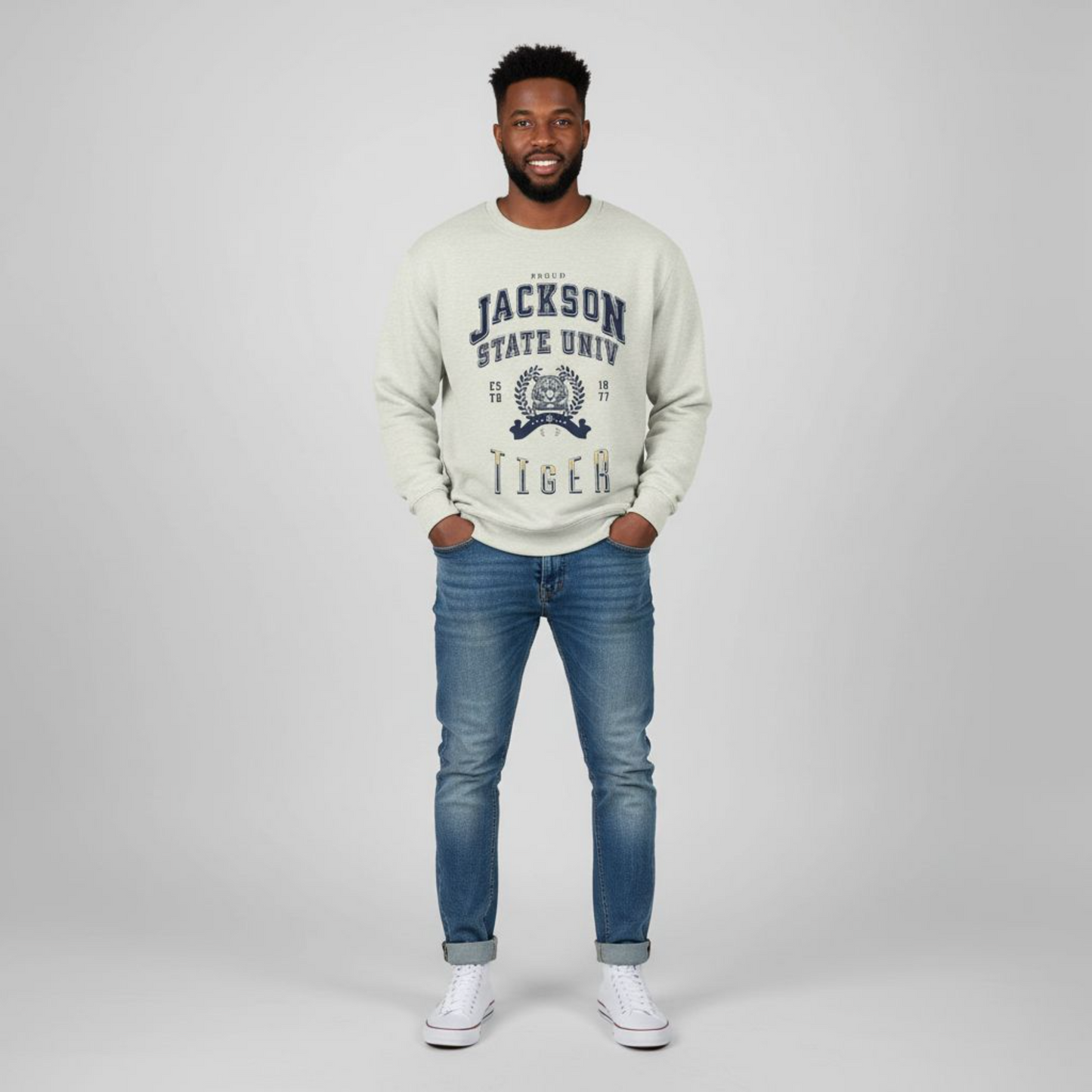 Proud Jackson State Univ Tiger Men's Navy Crewneck Sweatshirt Printify