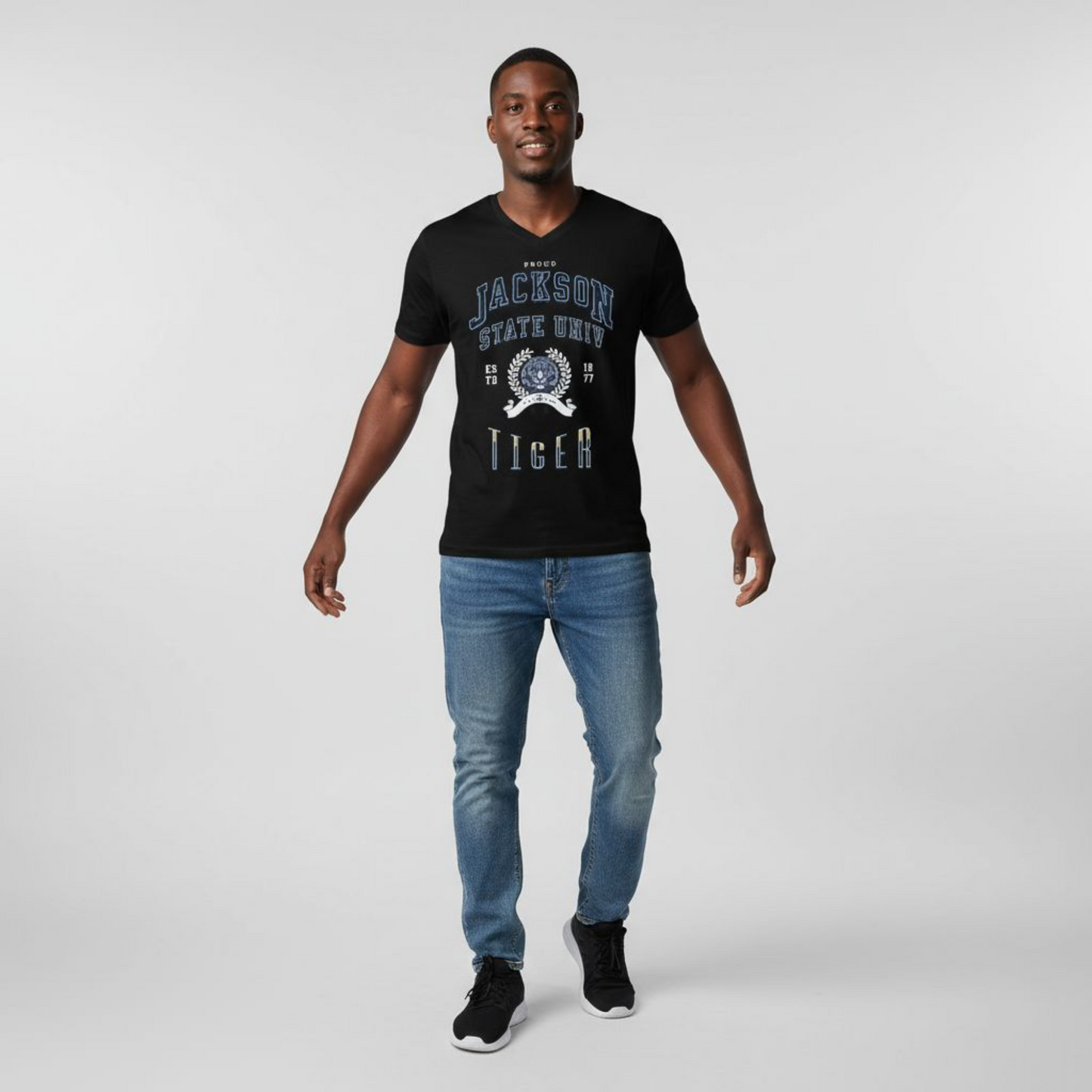Proud Jackson State Univ Tiger Men's White Jersey Short Sleeve V-Neck Tee Printify
