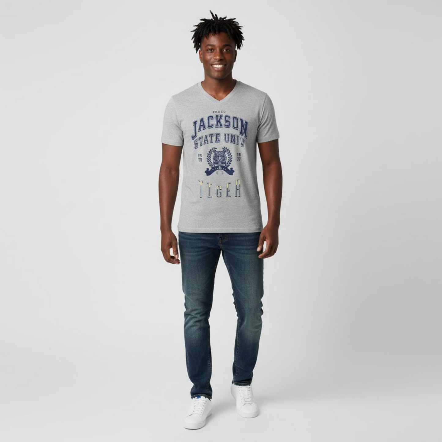 Proud Jackson State Univ Tiger Men's Navy Jersey Short Sleeve V-Neck Tee Printify