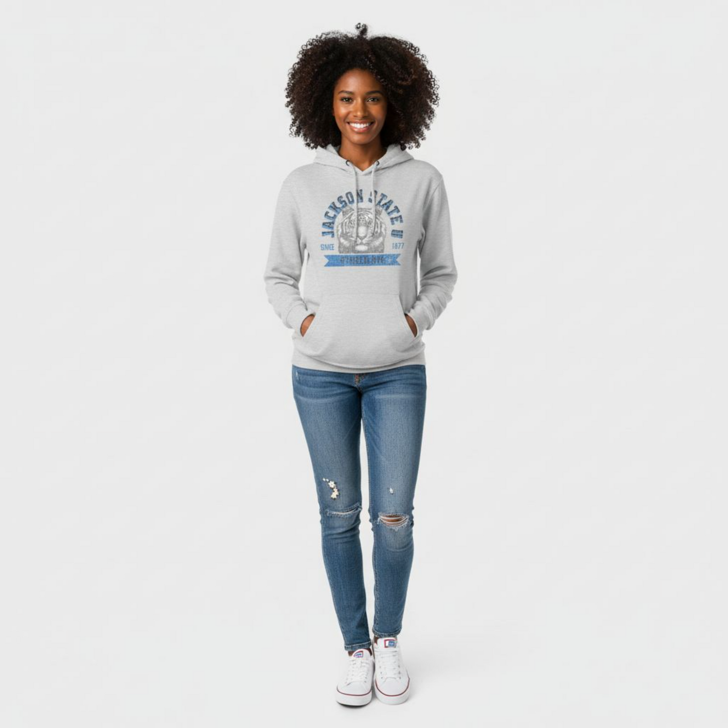 Jackson State Univ #TheeILove Women's Baby Blue Premium Pullover Hoodie Printify