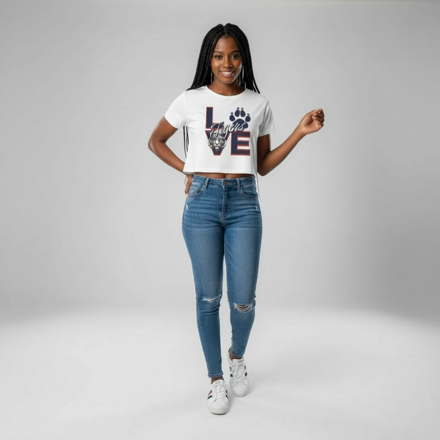 Love Tigers Varsity Women's Flowy Cropped Tee Printify
