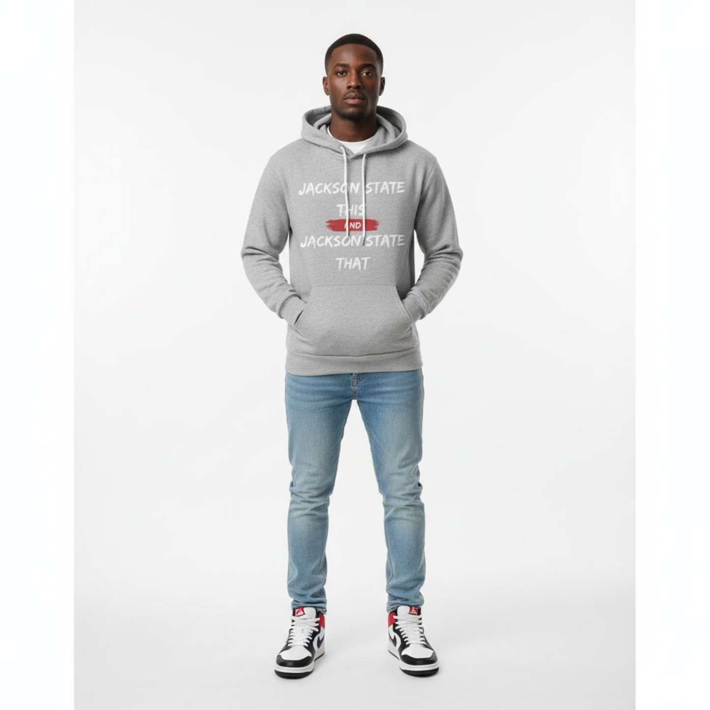 Jackson State This, Jackson State That Men's Block White Red Fleece Pullover Hoodie Printify