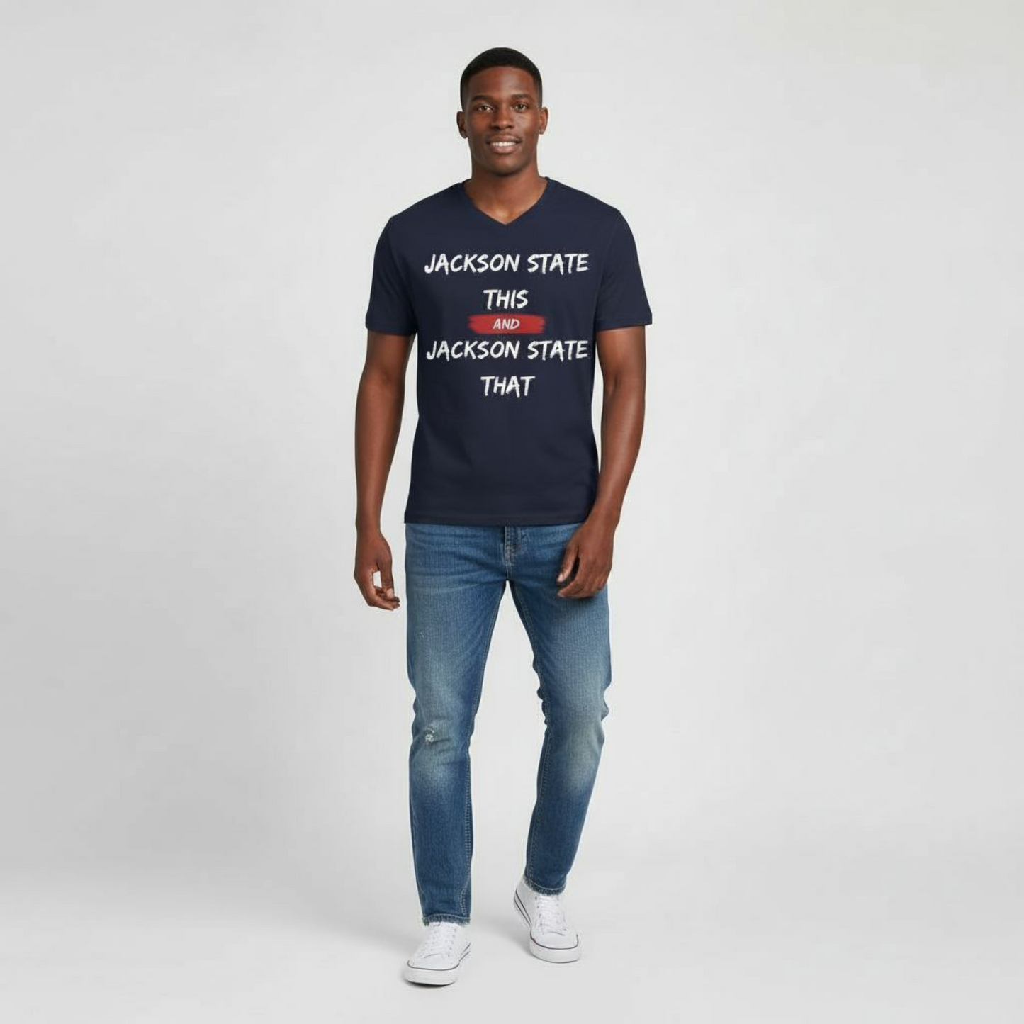 Jackson State This, Jackson State That White Red Block Men's Jersey Short Sleeve V-Neck Tee Printify